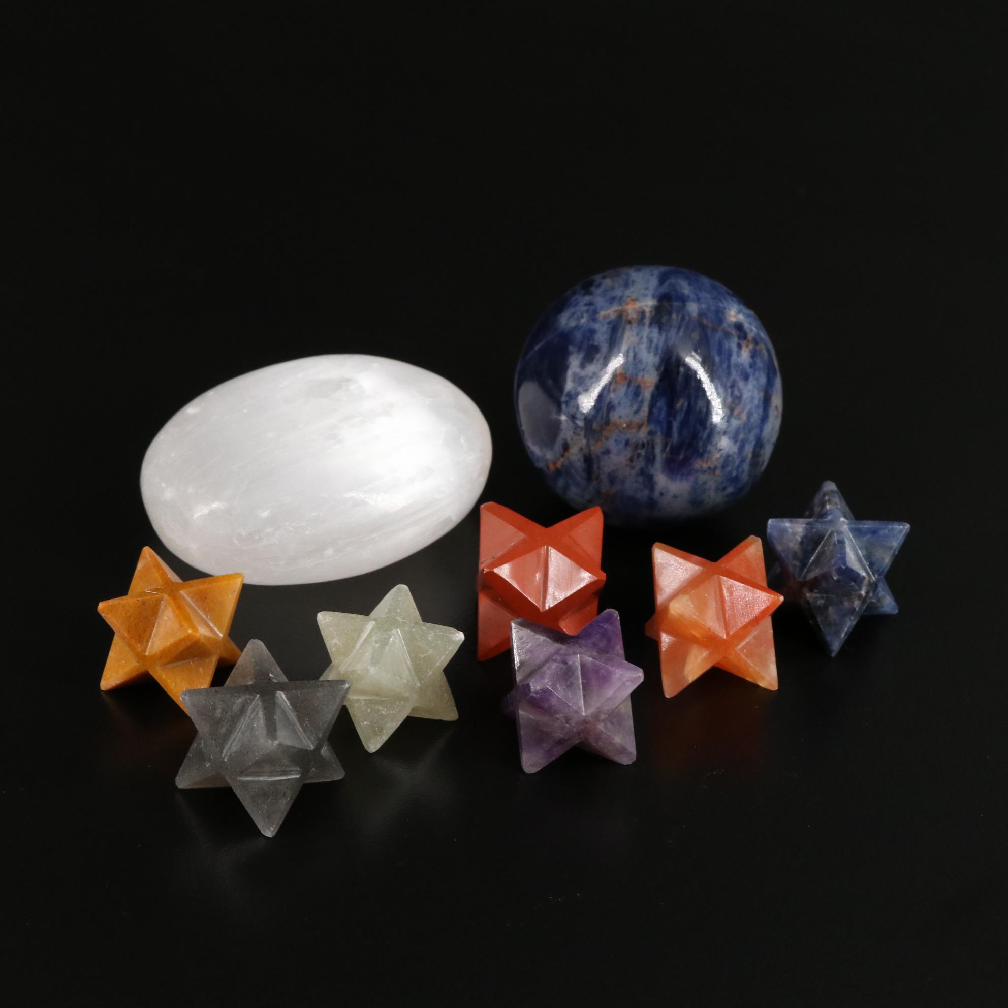 Carved and Polished Selenite, Sodalite, and Amethyst