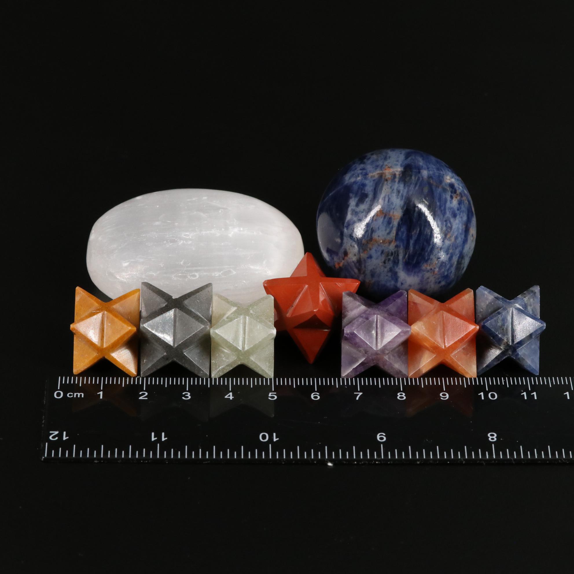 Carved and Polished Selenite, Sodalite, and Amethyst