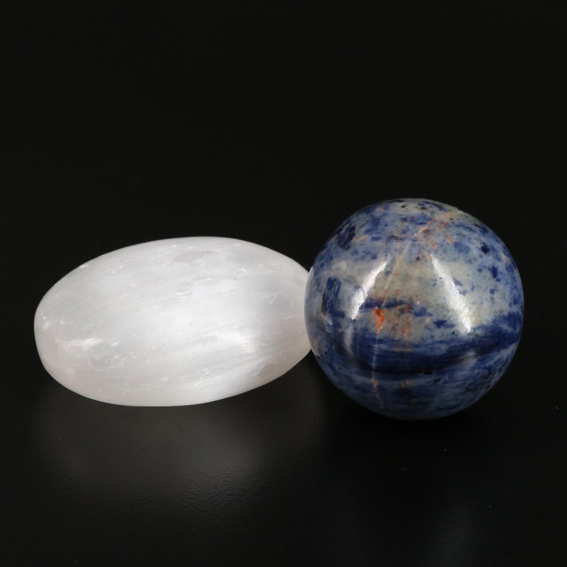 Carved and Polished Selenite, Sodalite, and Amethyst