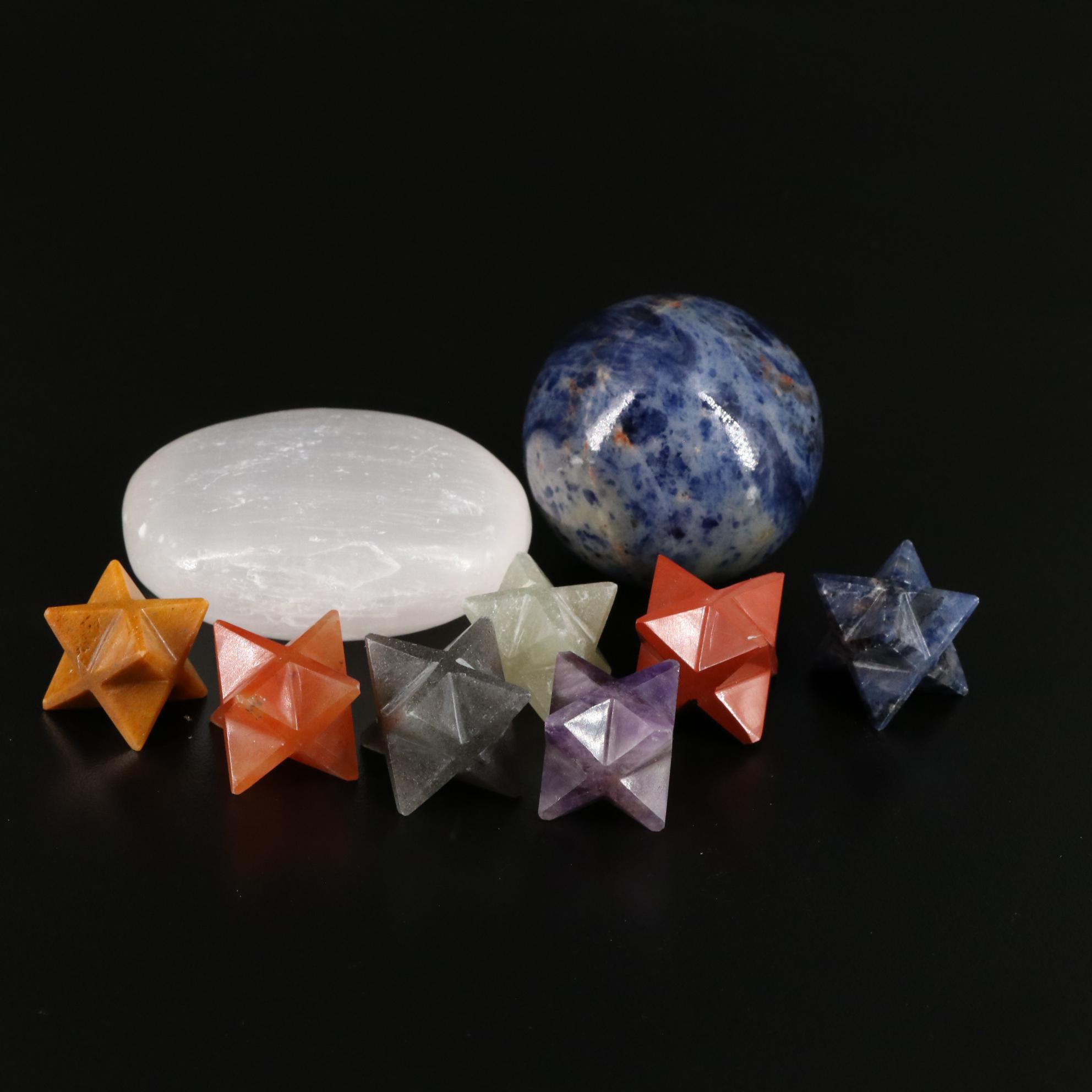 Carved and Polished Selenite, Sodalite, and Amethyst