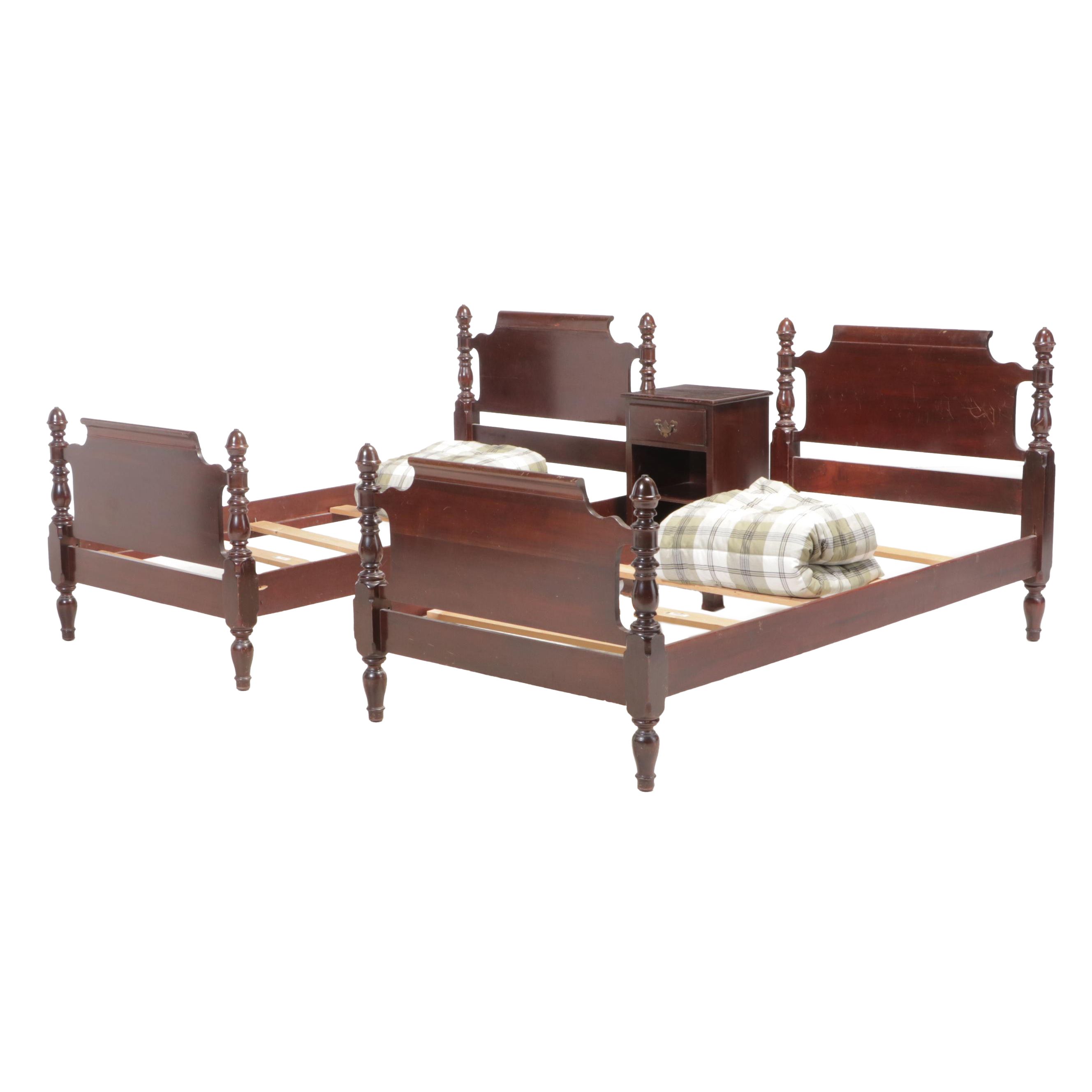 Two Hungerford Colonial Style Mahogany Twin Beds with Nightstand and Bedding