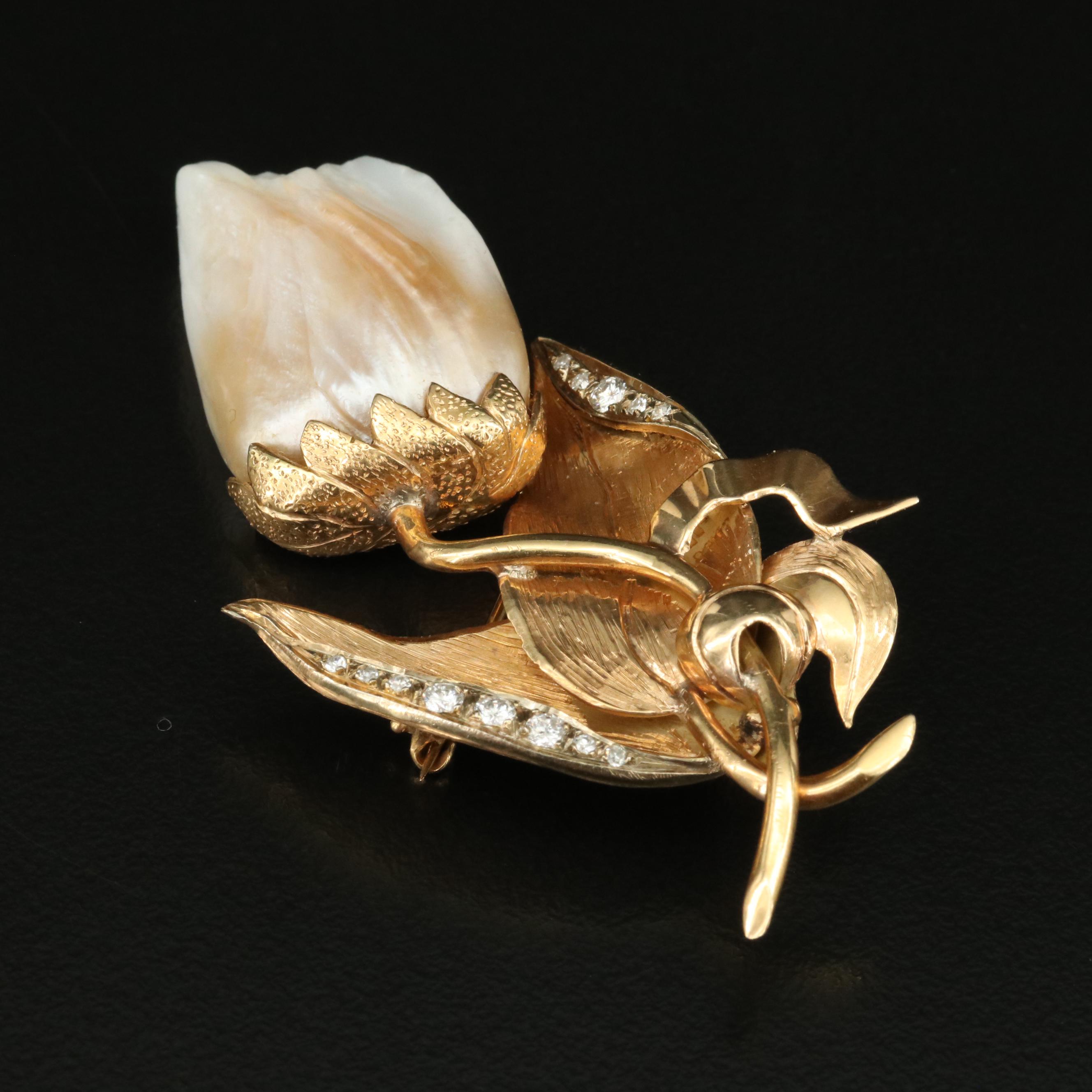 Vintage 14K Pearl and Diamond Tulip Brooch