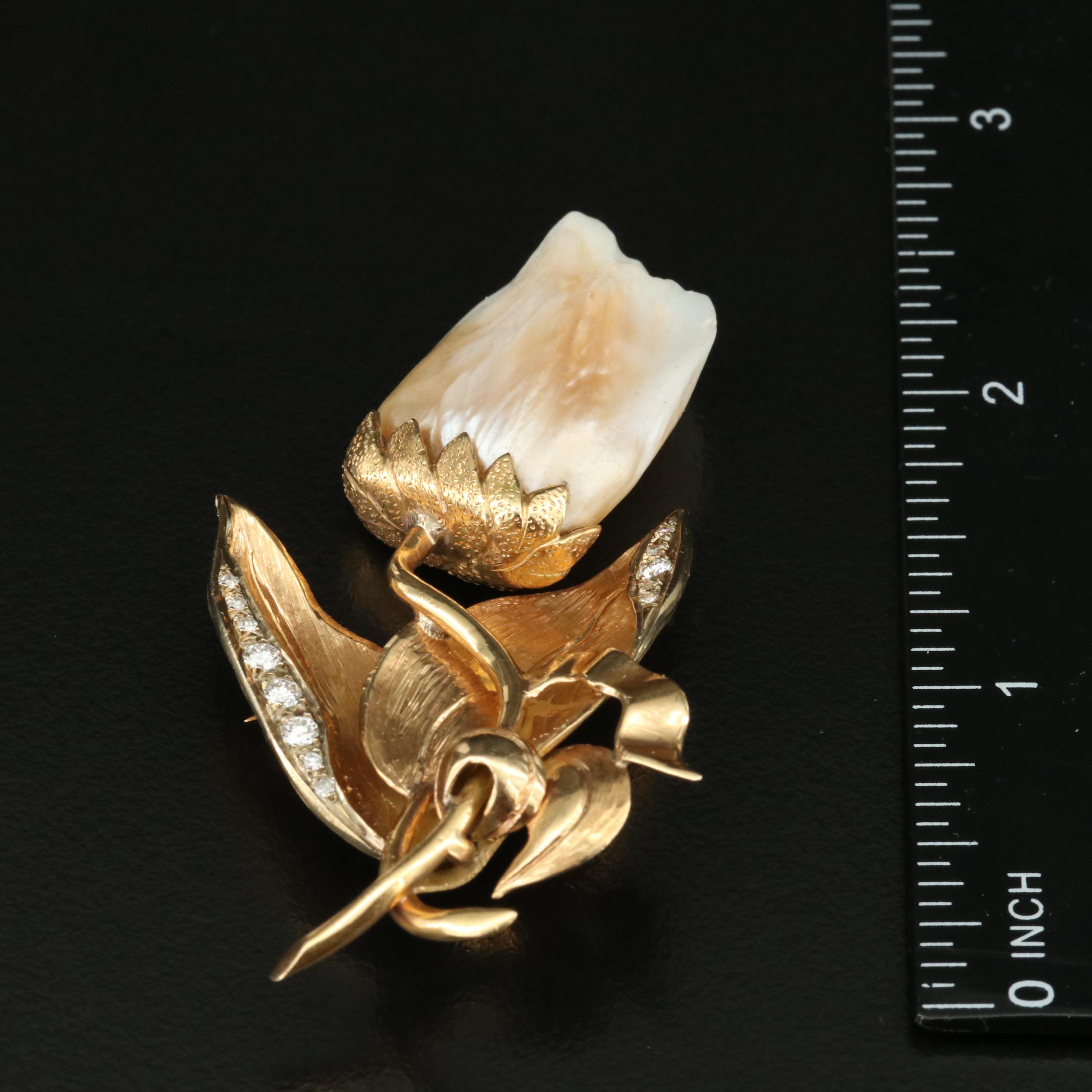 Vintage 14K Pearl and Diamond Tulip Brooch