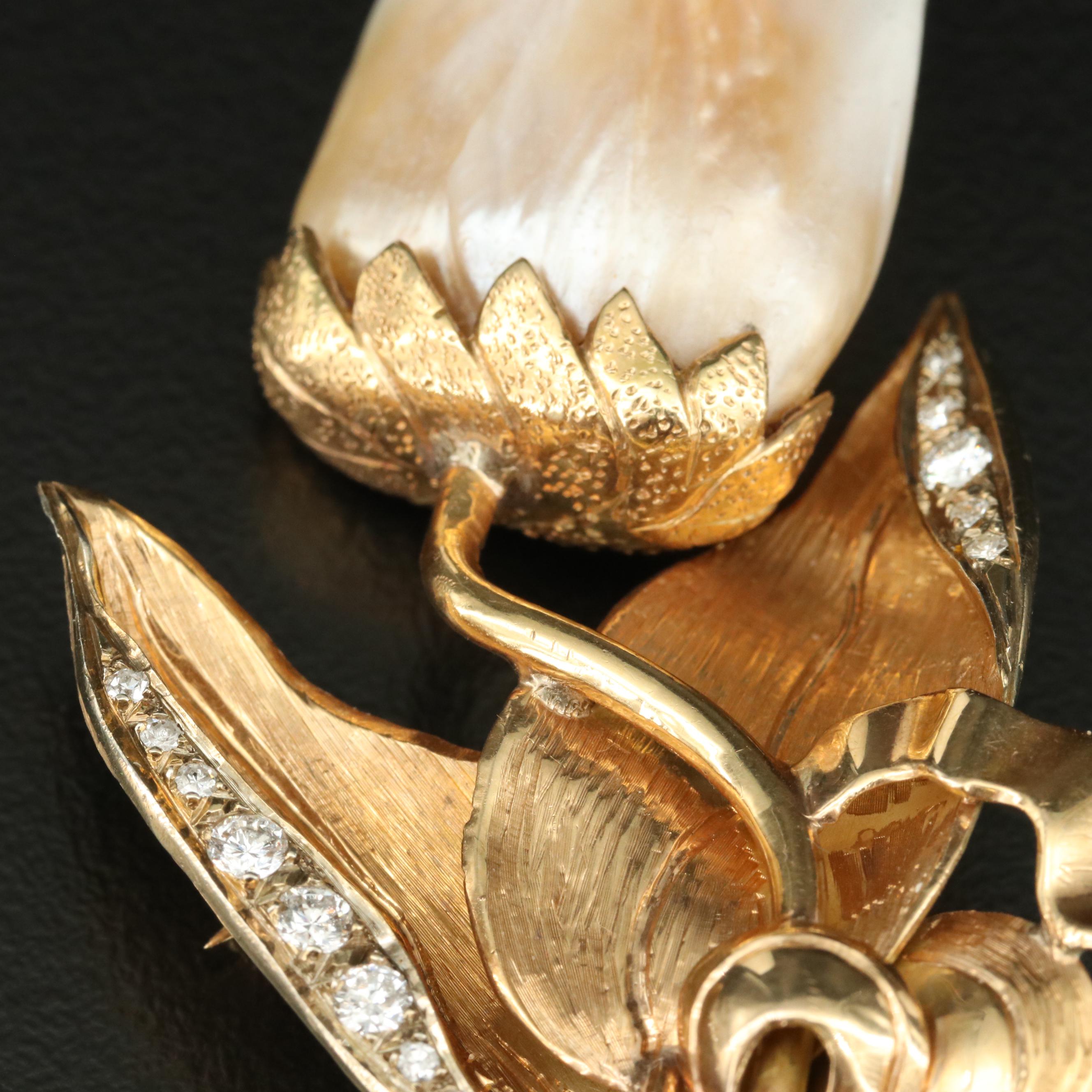 Vintage 14K Pearl and Diamond Tulip Brooch