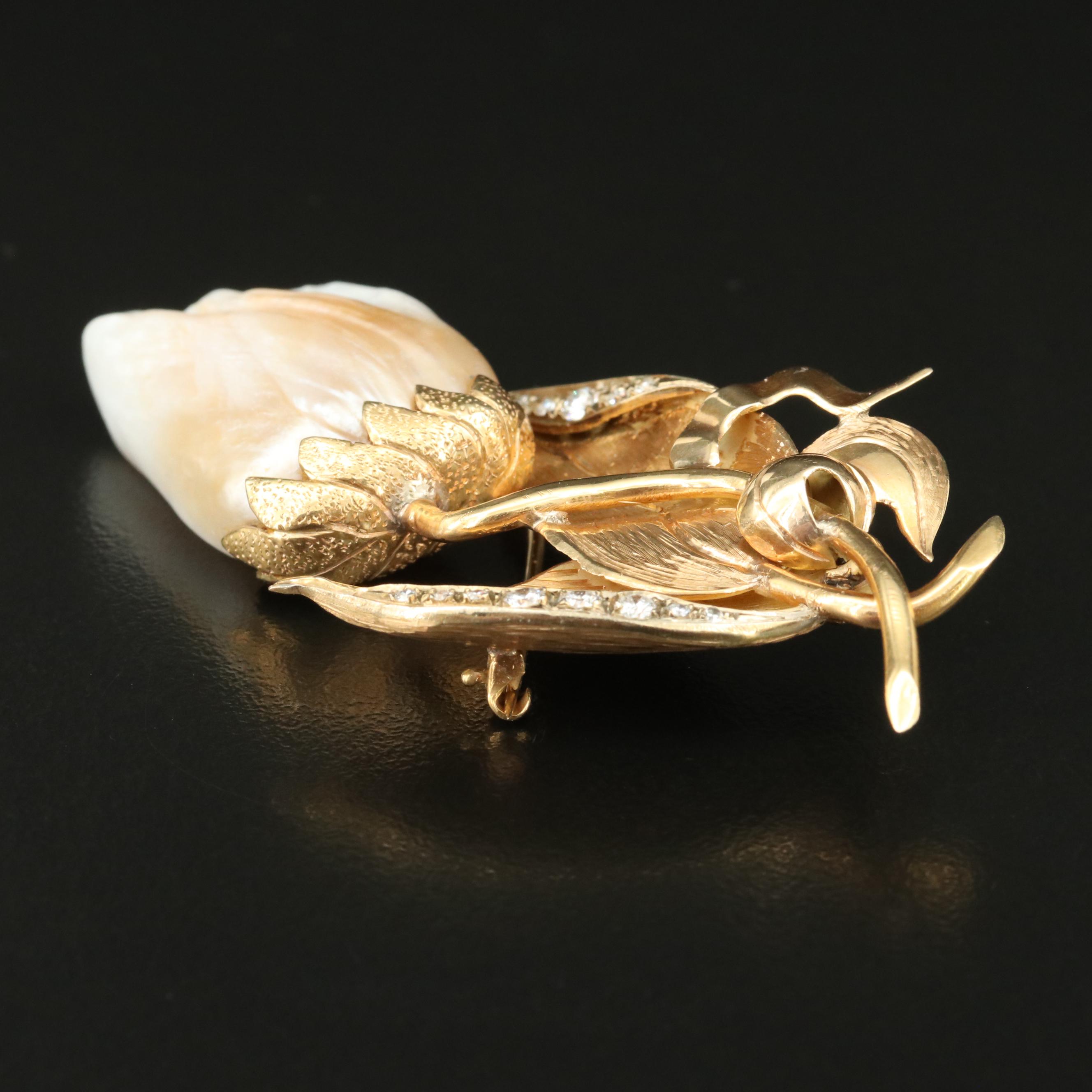 Vintage 14K Pearl and Diamond Tulip Brooch