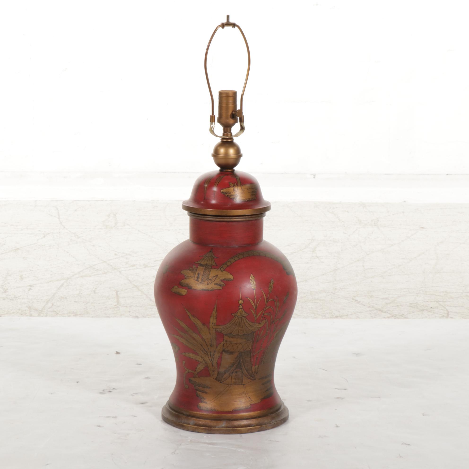 Visual Comfort & Co. Chinoiserie Ginger Jar Urn Lamp With Black Paper Shade