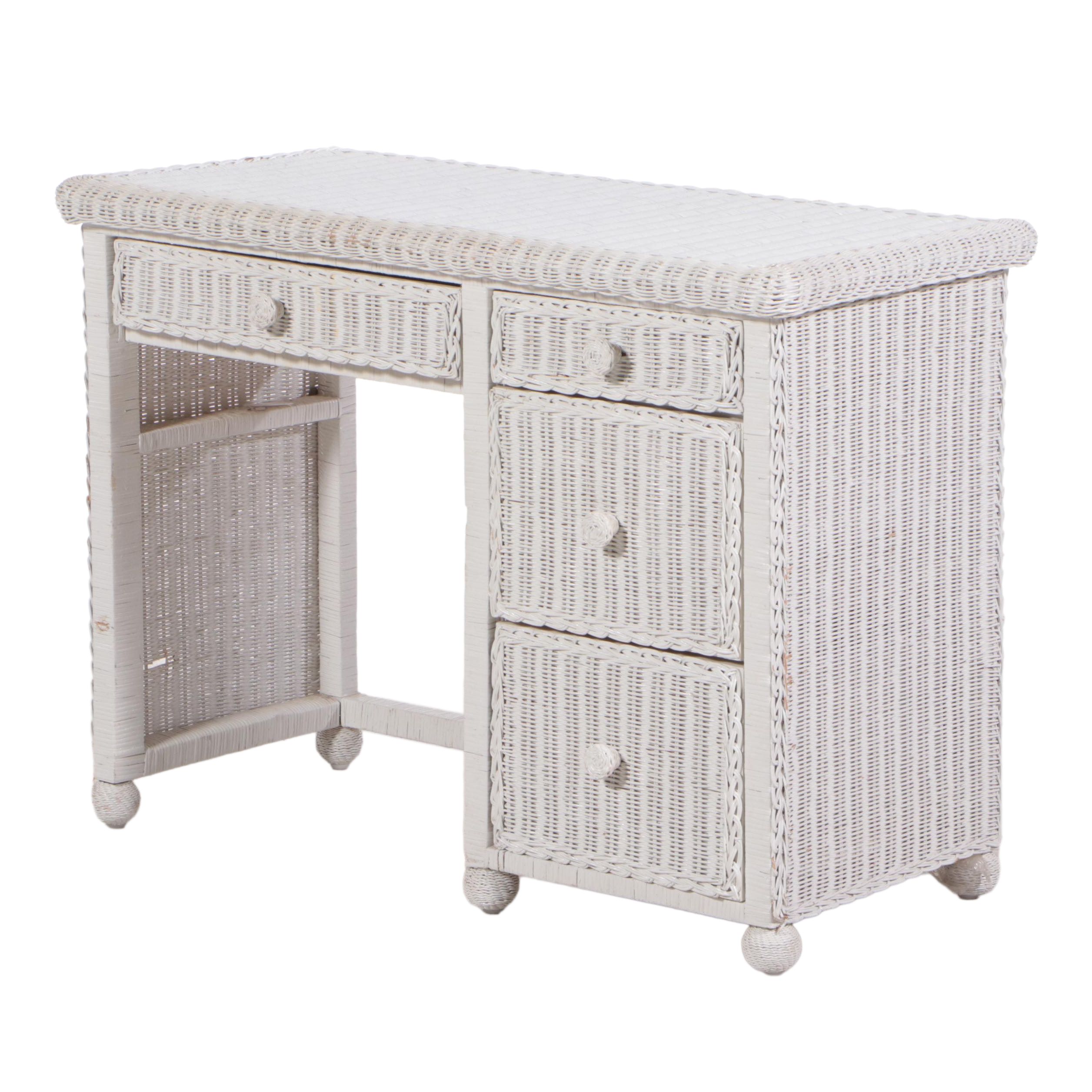 White-Painted Wicker Single-Pedestal Desk, Late 20th Century