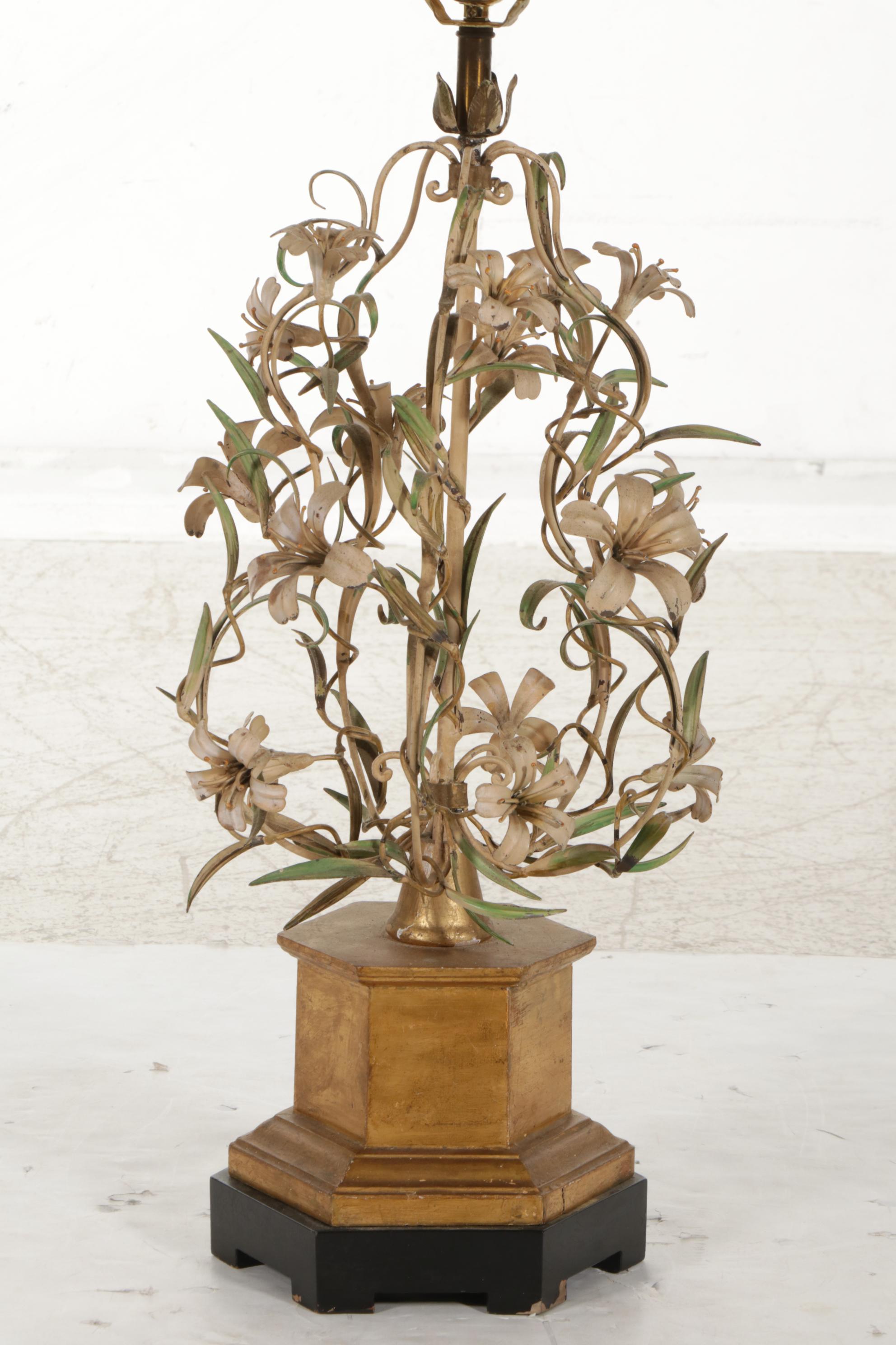 Italianate Mid Century Floral Tole Table Lamp With Drum Shade