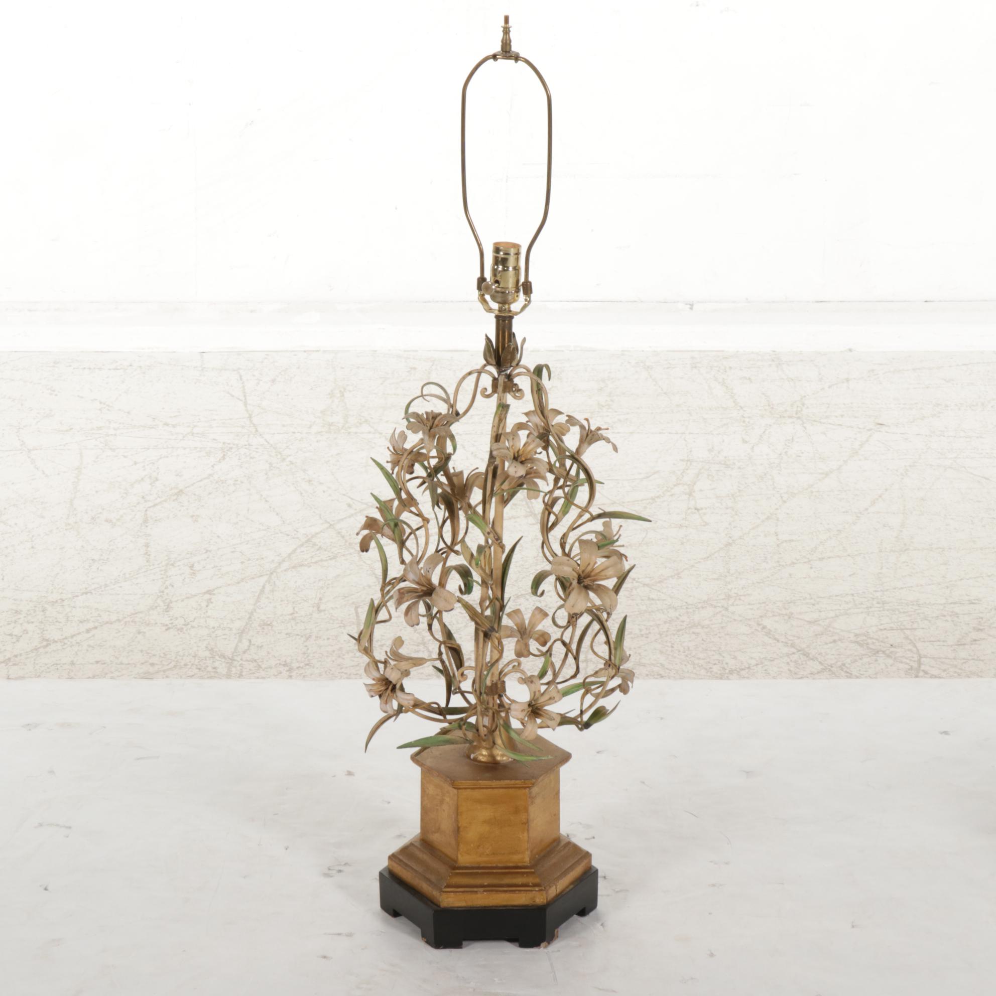 Italianate Mid Century Floral Tole Table Lamp With Drum Shade