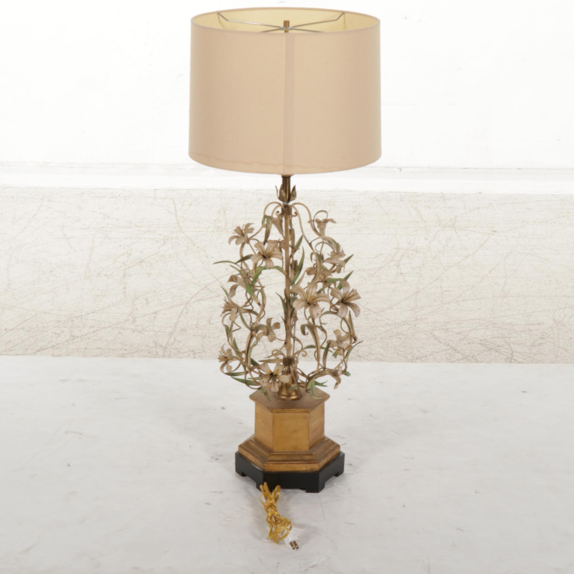 Italianate Mid Century Floral Tole Table Lamp With Drum Shade