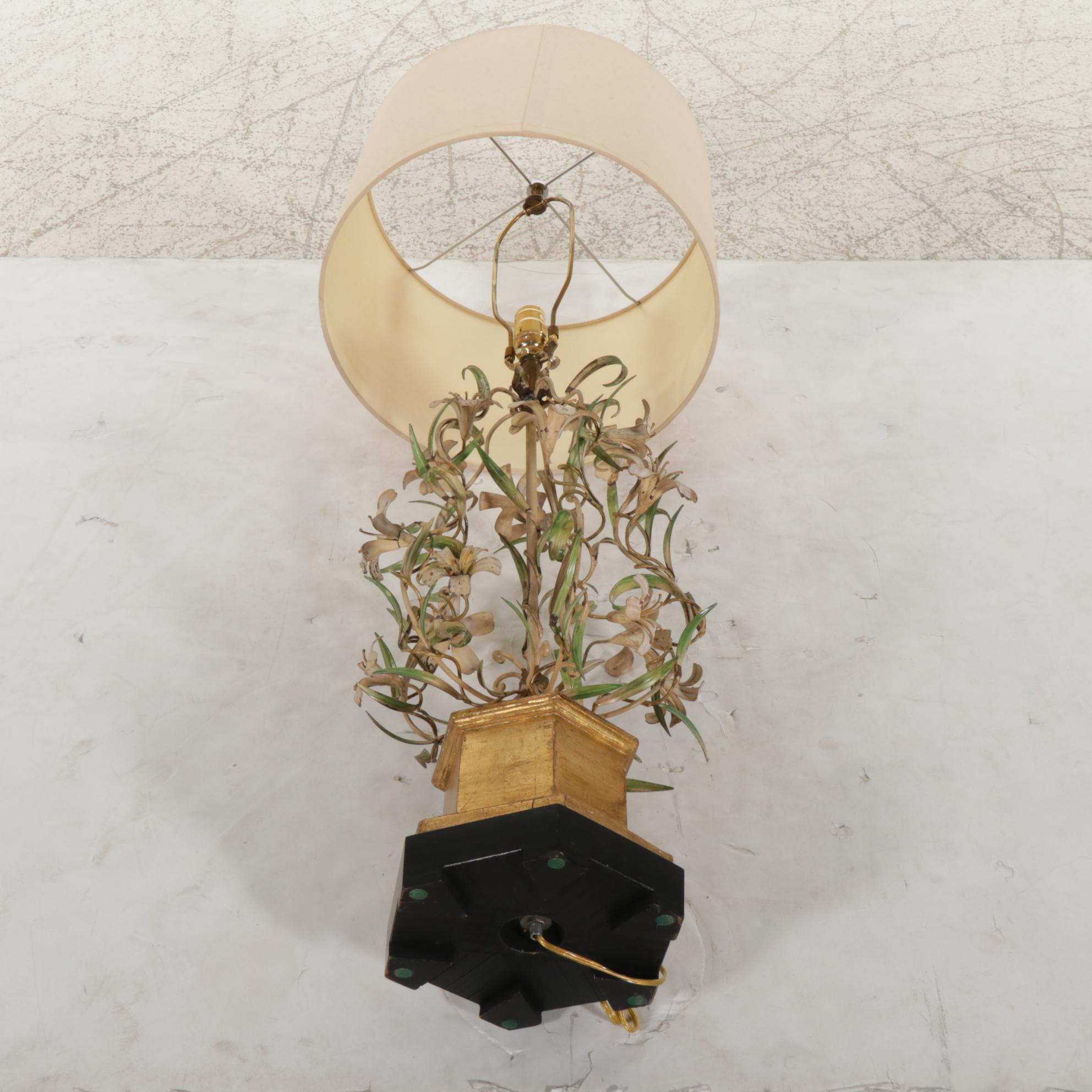 Italianate Mid Century Floral Tole Table Lamp With Drum Shade