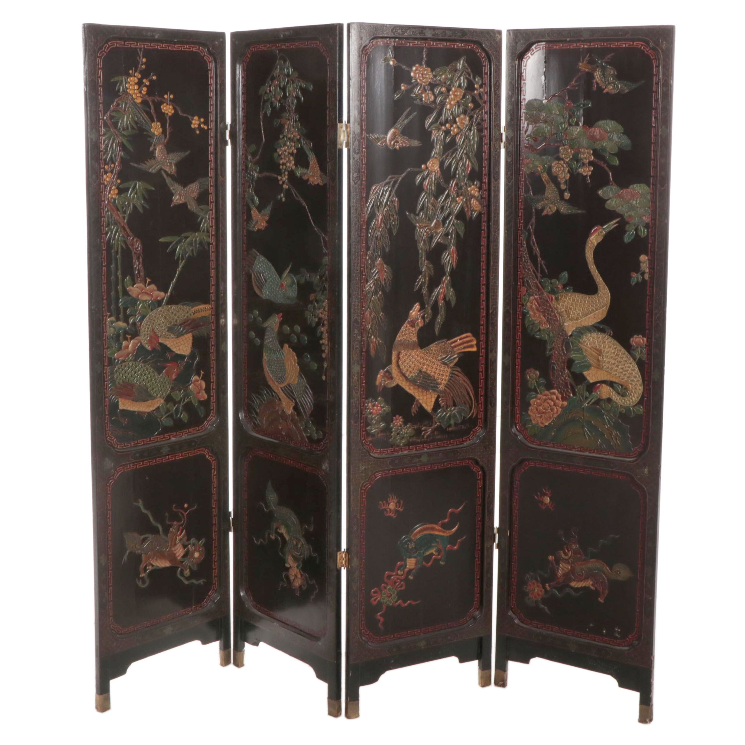Chinese Lacquered, Carved and Painted Room Screen
