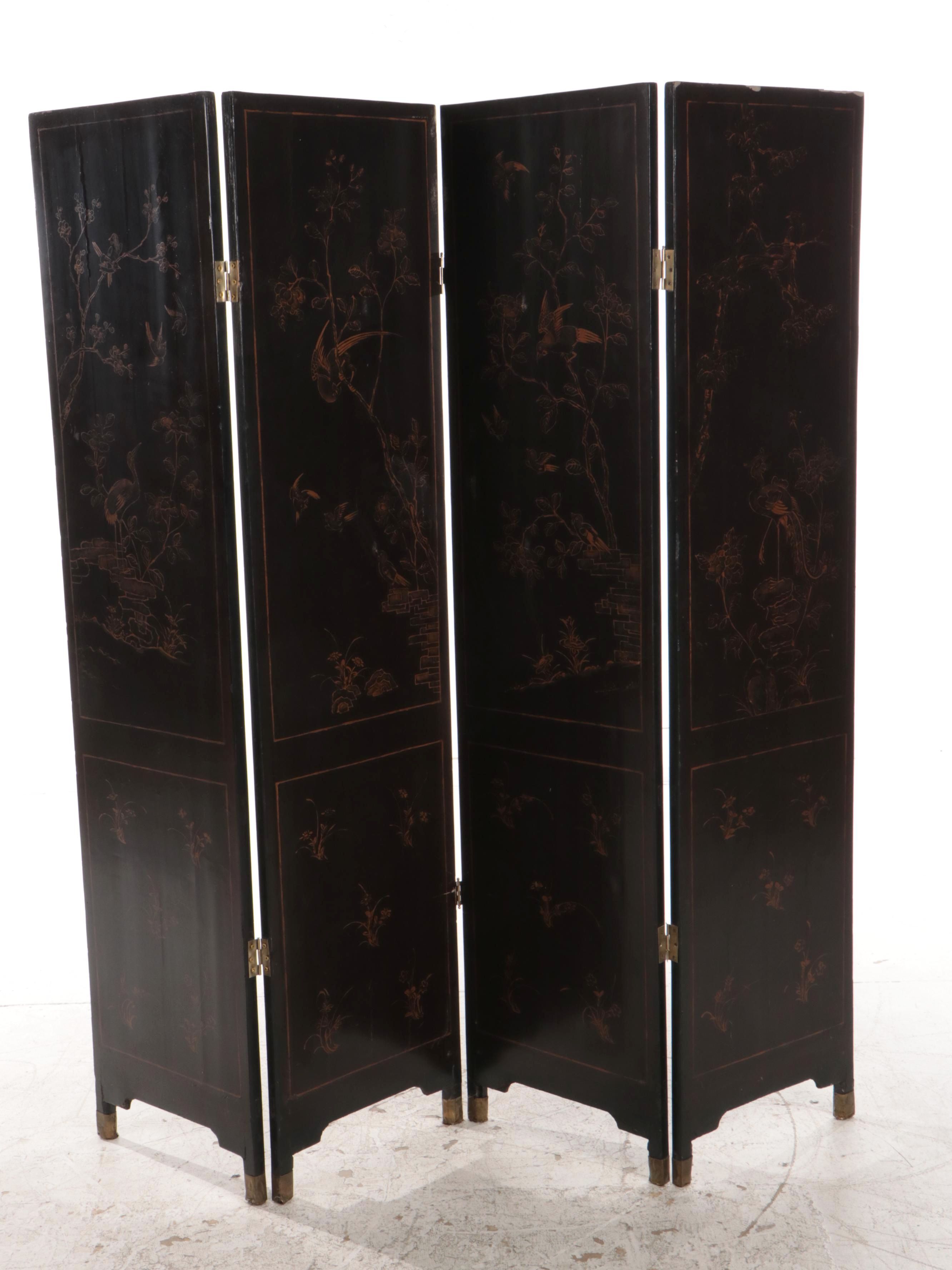 Chinese Lacquered, Carved and Painted Room Screen