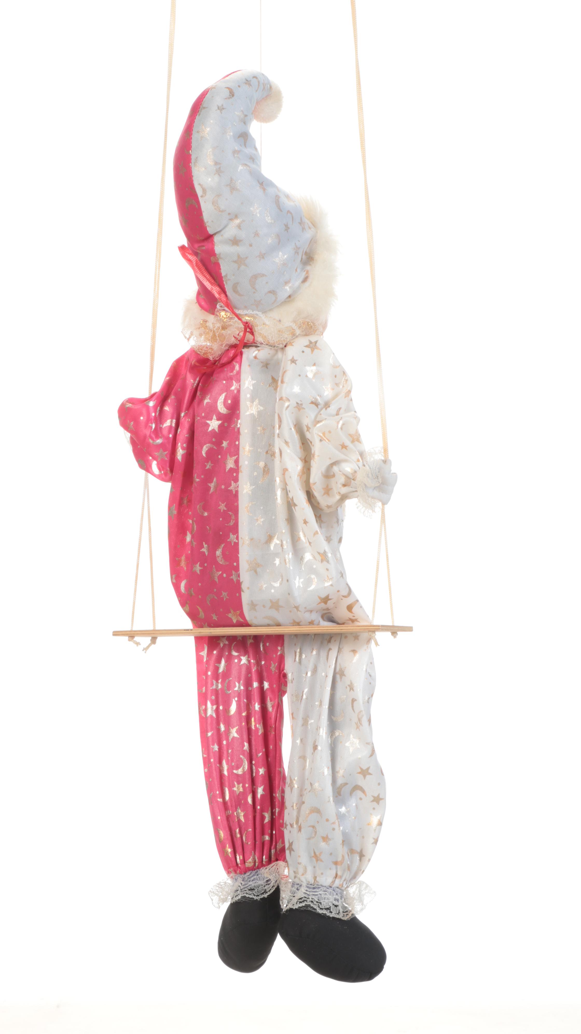 Hand-Painted Porcelain and Cloth Clown Dolls on Swings