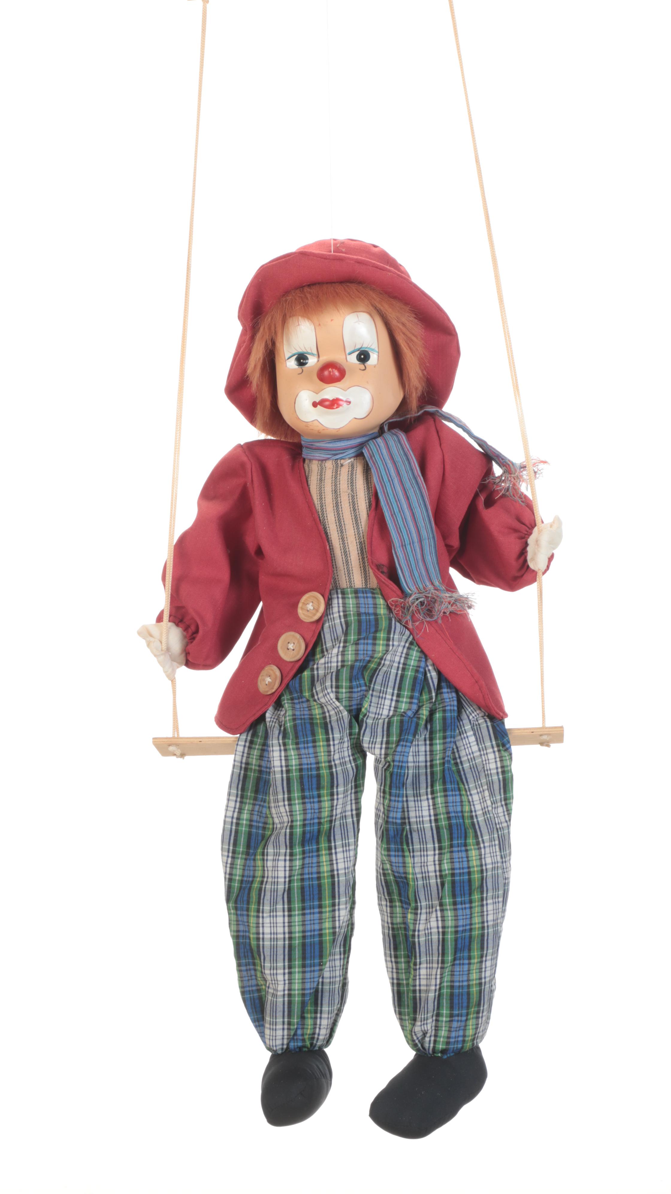 Hand-Painted Porcelain and Cloth Clown Dolls on Swings