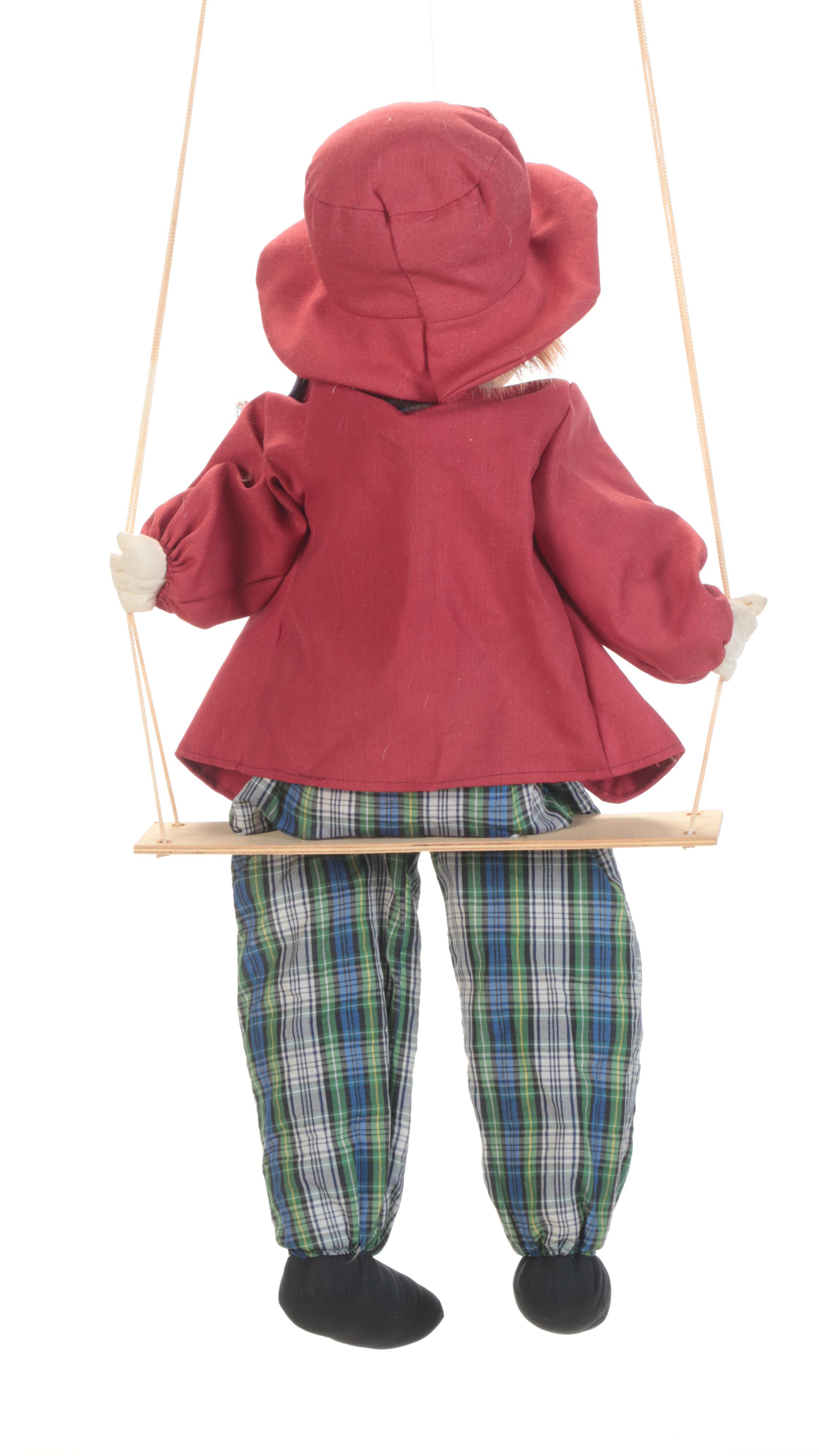 Hand-Painted Porcelain and Cloth Clown Dolls on Swings