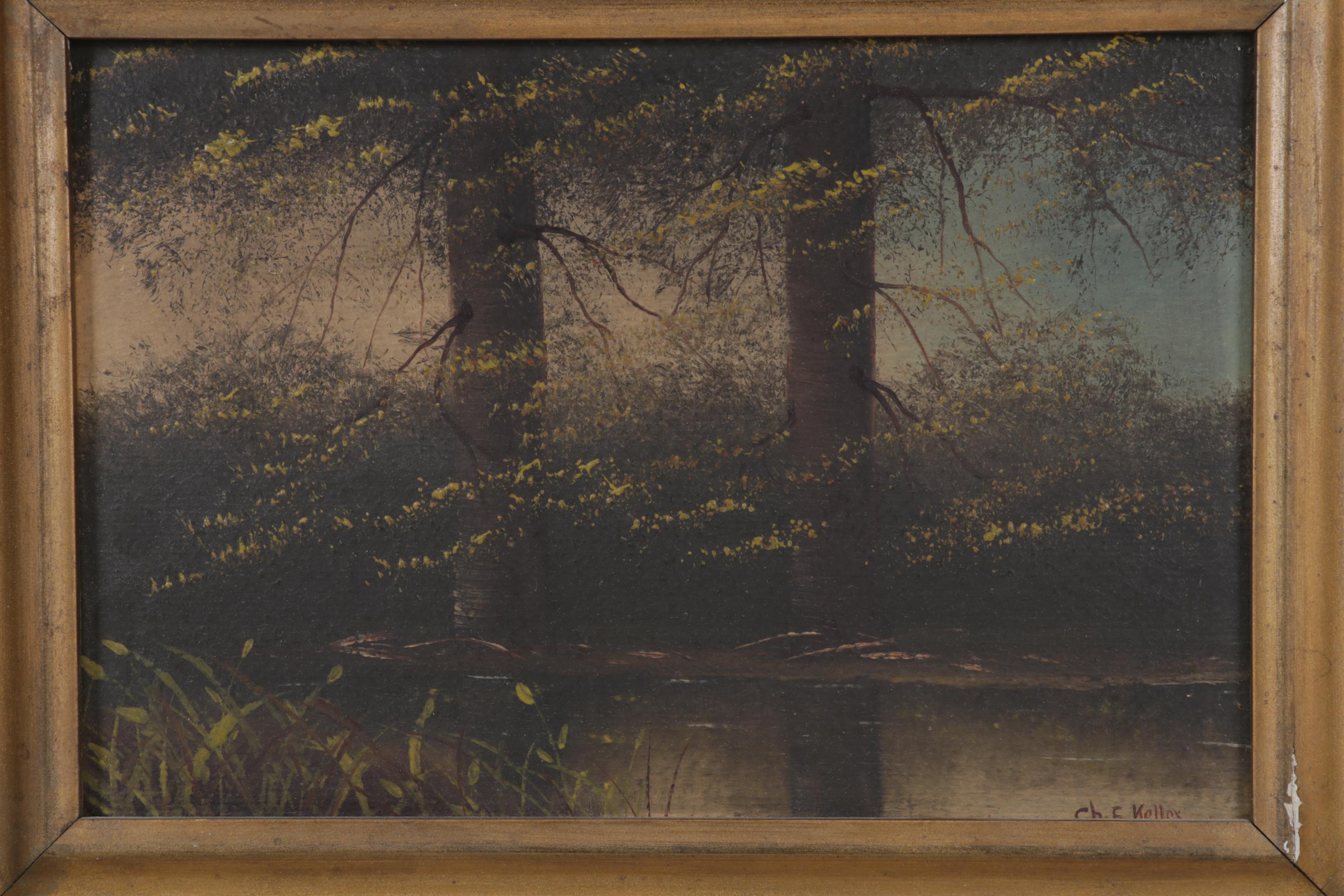 Charles Keller Tonalist Oil Painting of Creekside Landscape, Early 20th Century