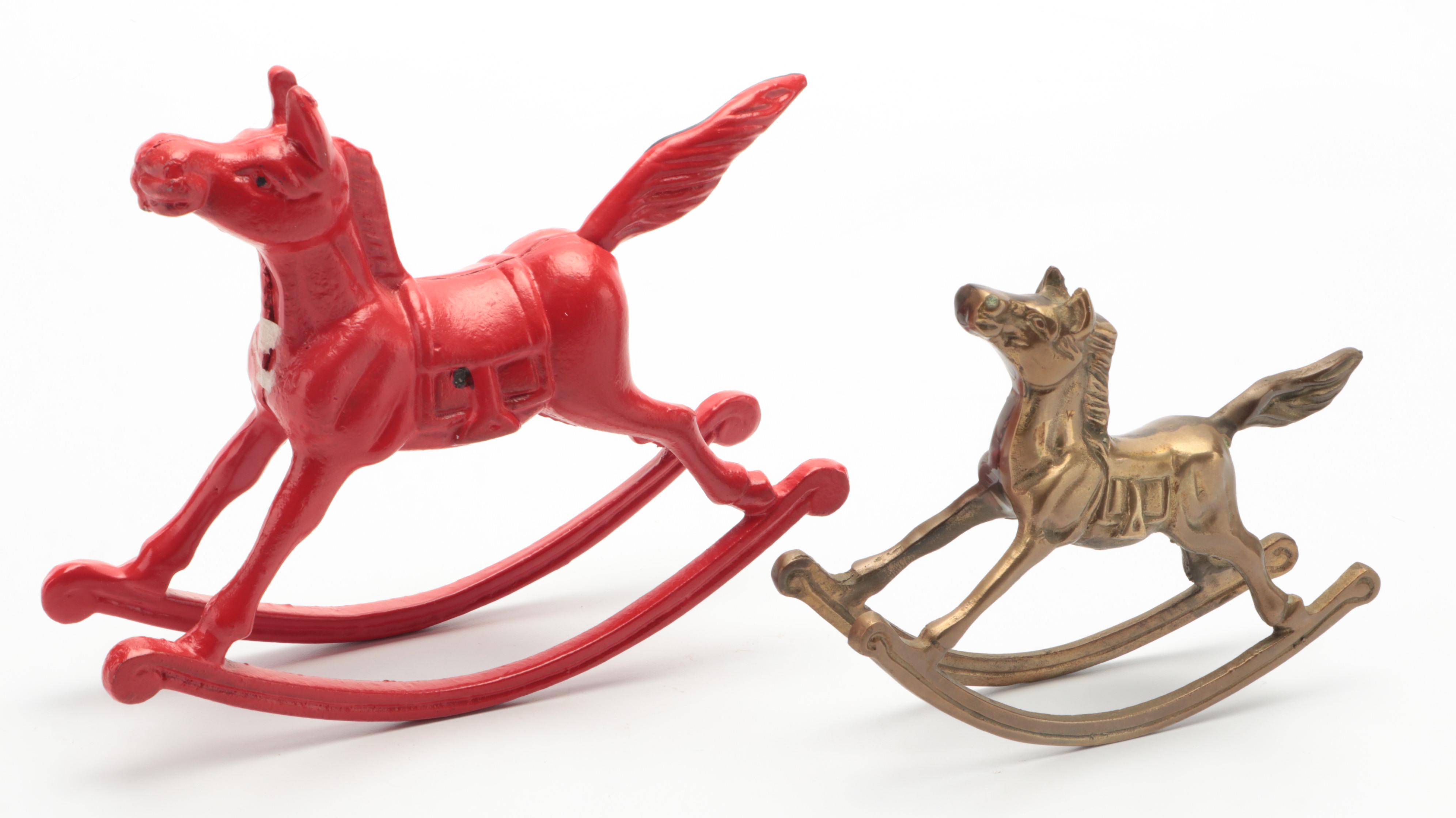 Miniature Cast Iron and Brass Rocking Horses with Prank Gun Toy