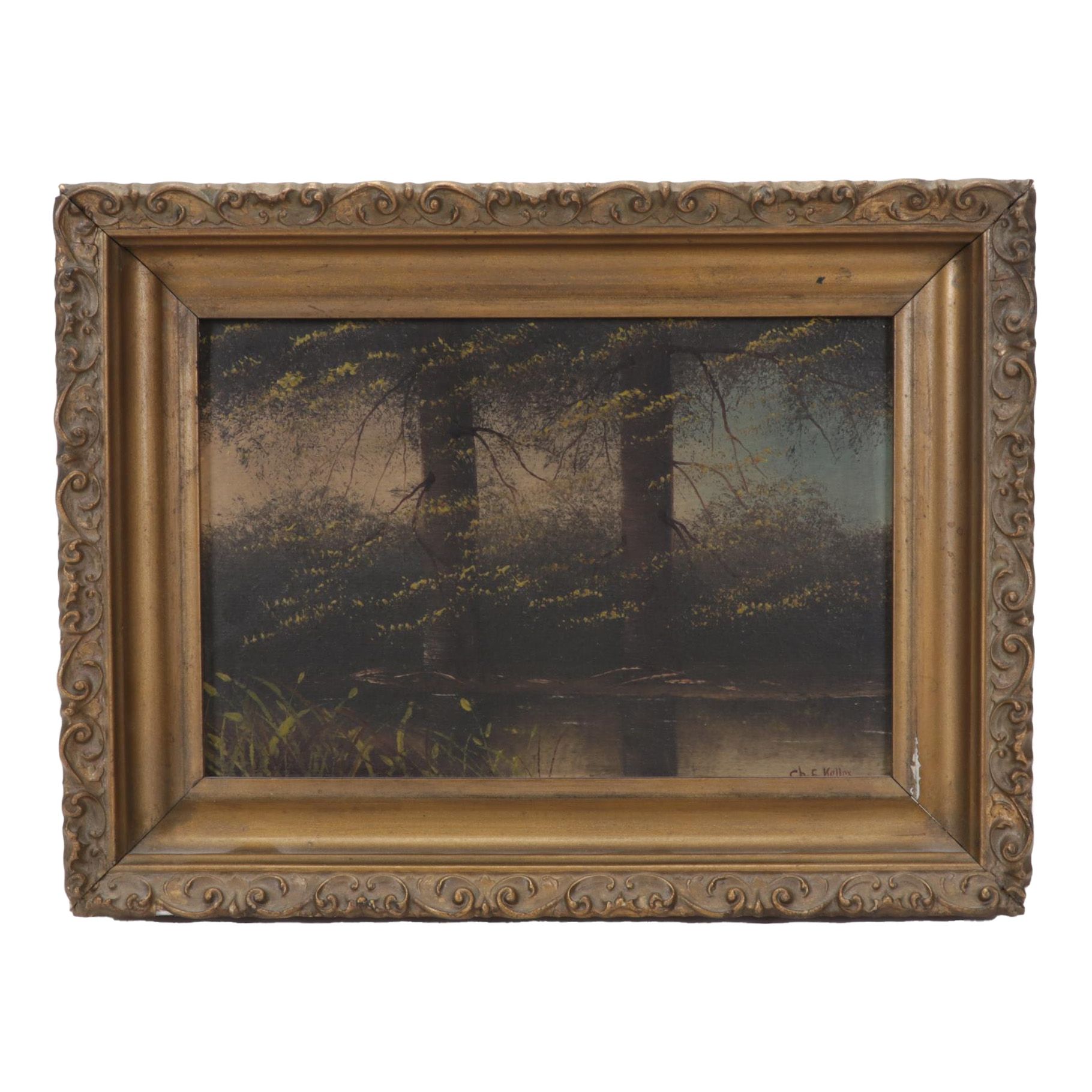 Charles Keller Tonalist Oil Painting of Creekside Landscape, Early 20th Century