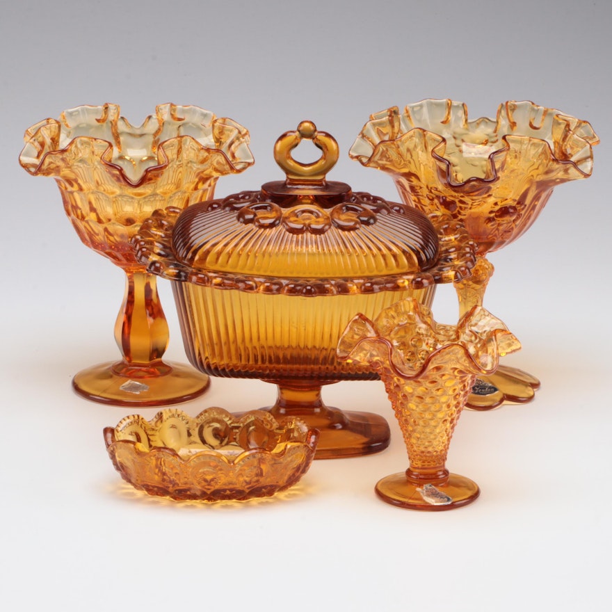 Fenton Amber Glass Ruffled Rim Compotes and Vase with Other Tableware