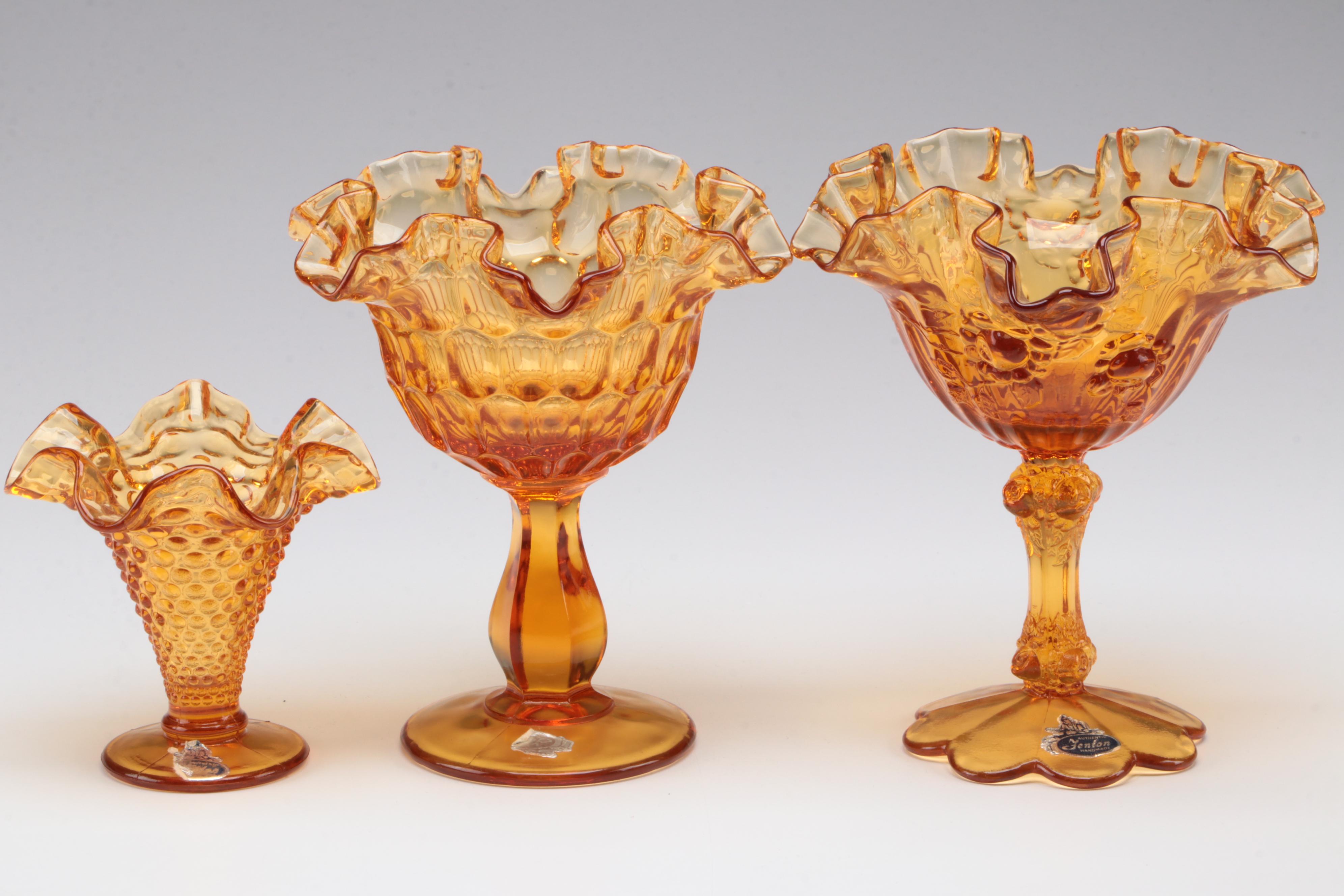 Fenton Amber Glass Ruffled Rim Compotes and Vase with Other Tableware