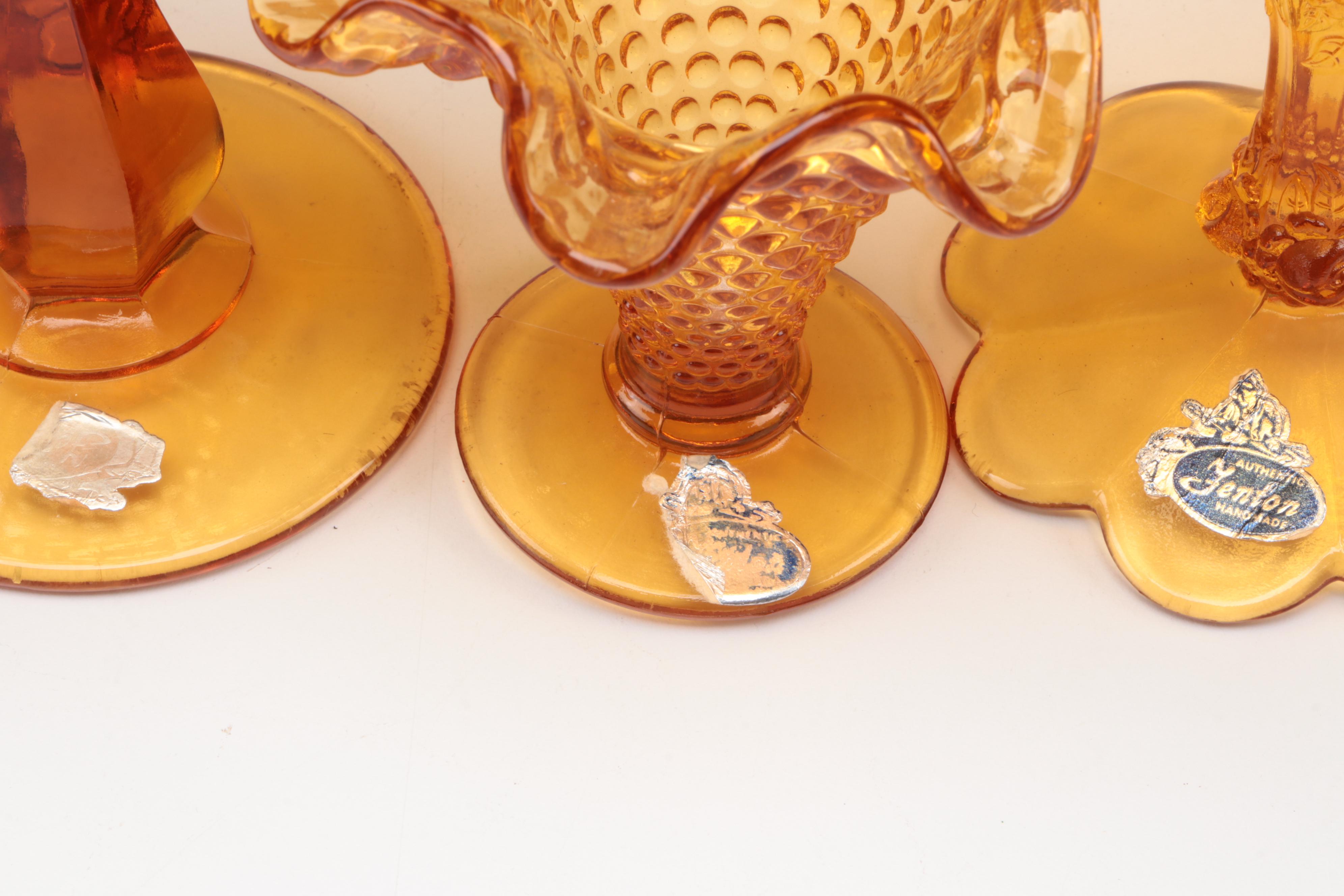 Fenton Amber Glass Ruffled Rim Compotes and Vase with Other Tableware