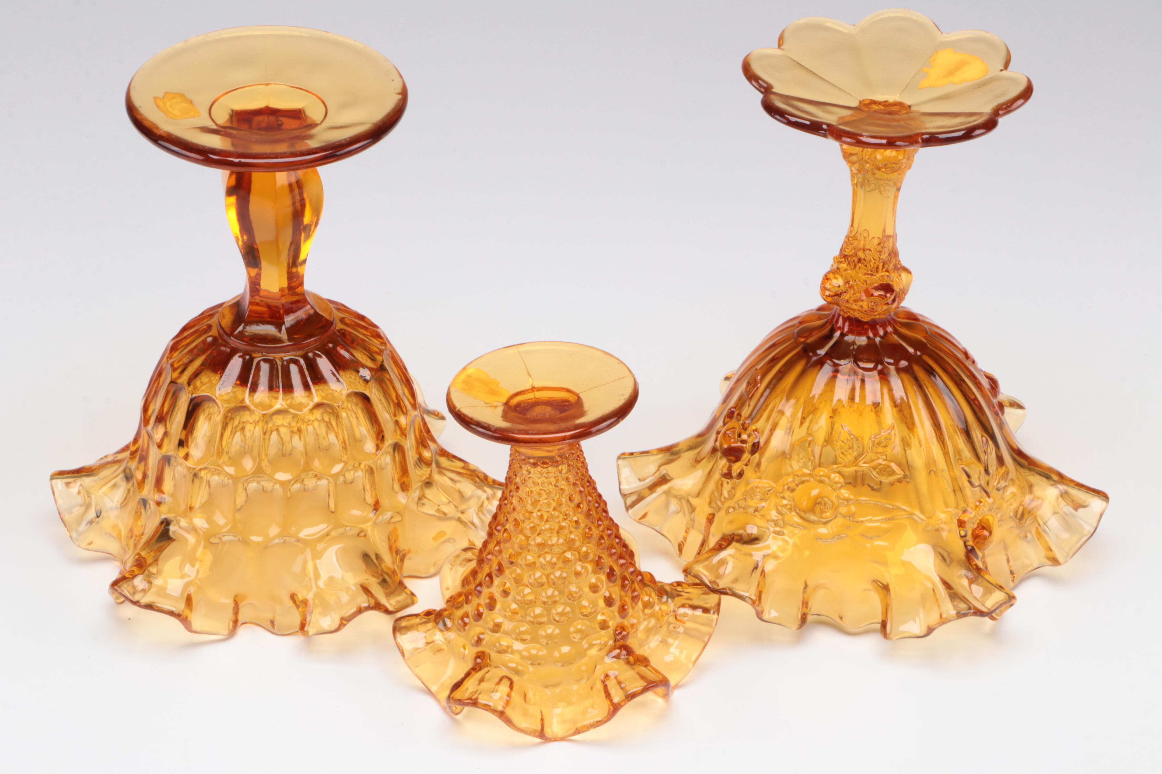 Fenton Amber Glass Ruffled Rim Compotes and Vase with Other Tableware