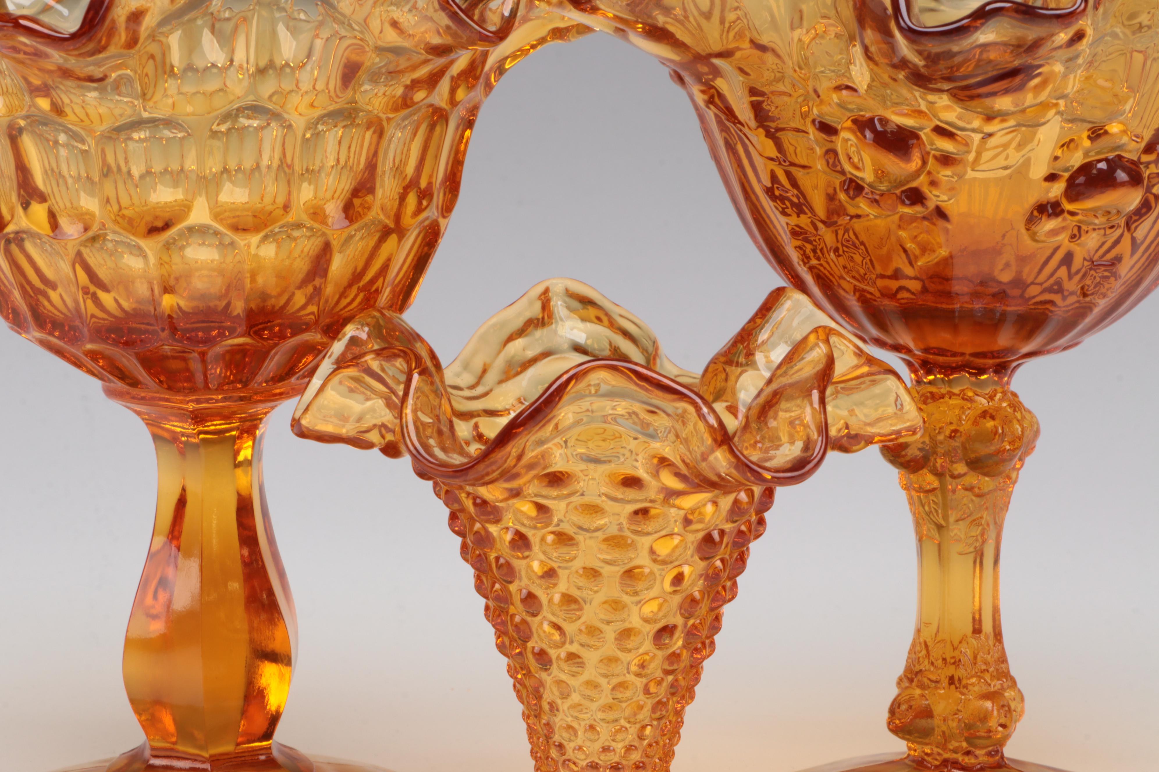 Fenton Amber Glass Ruffled Rim Compotes and Vase with Other Tableware