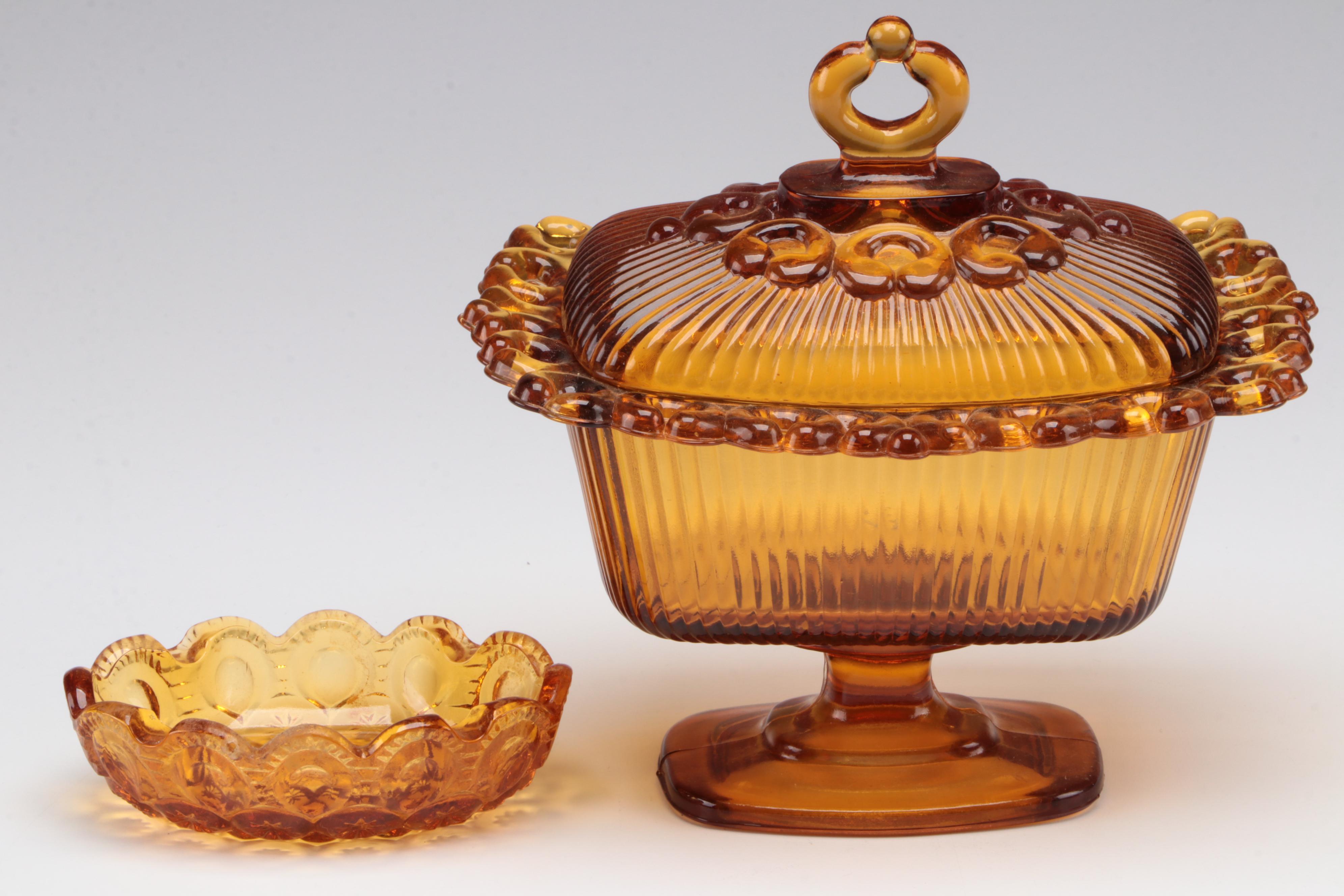 Fenton Amber Glass Ruffled Rim Compotes and Vase with Other Tableware