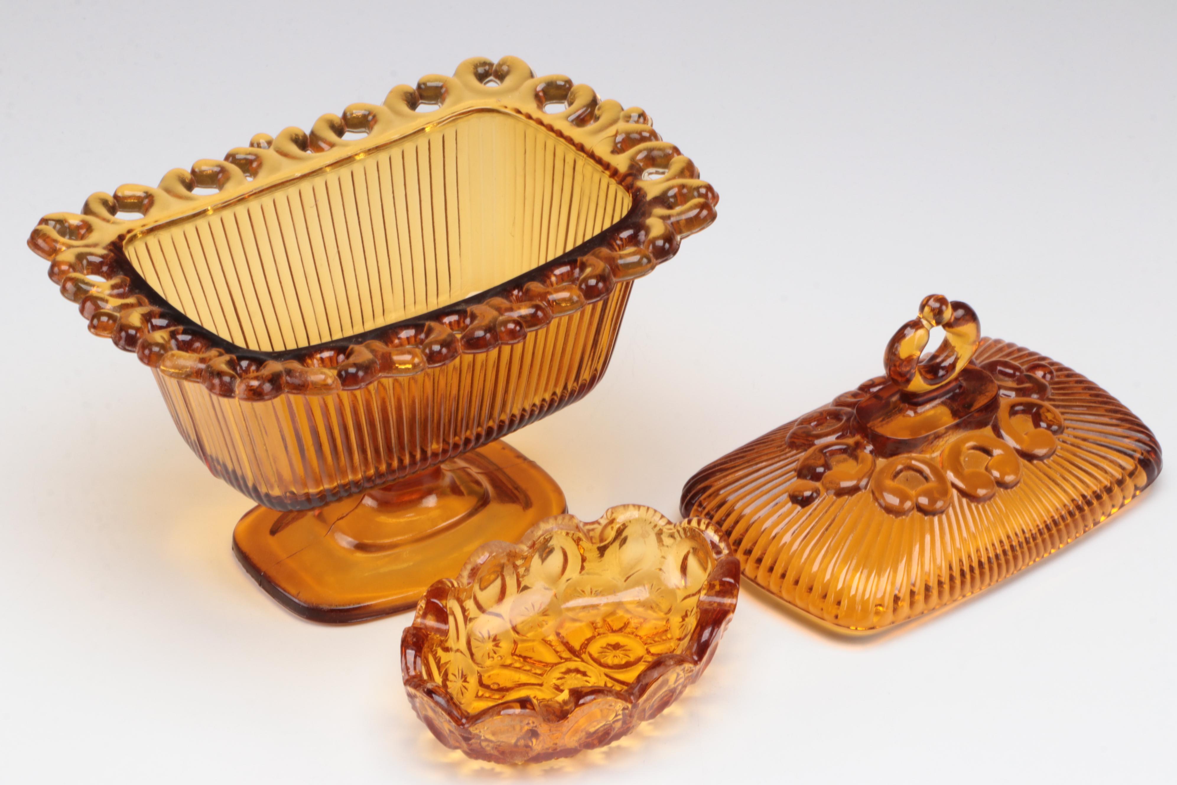 Fenton Amber Glass Ruffled Rim Compotes and Vase with Other Tableware