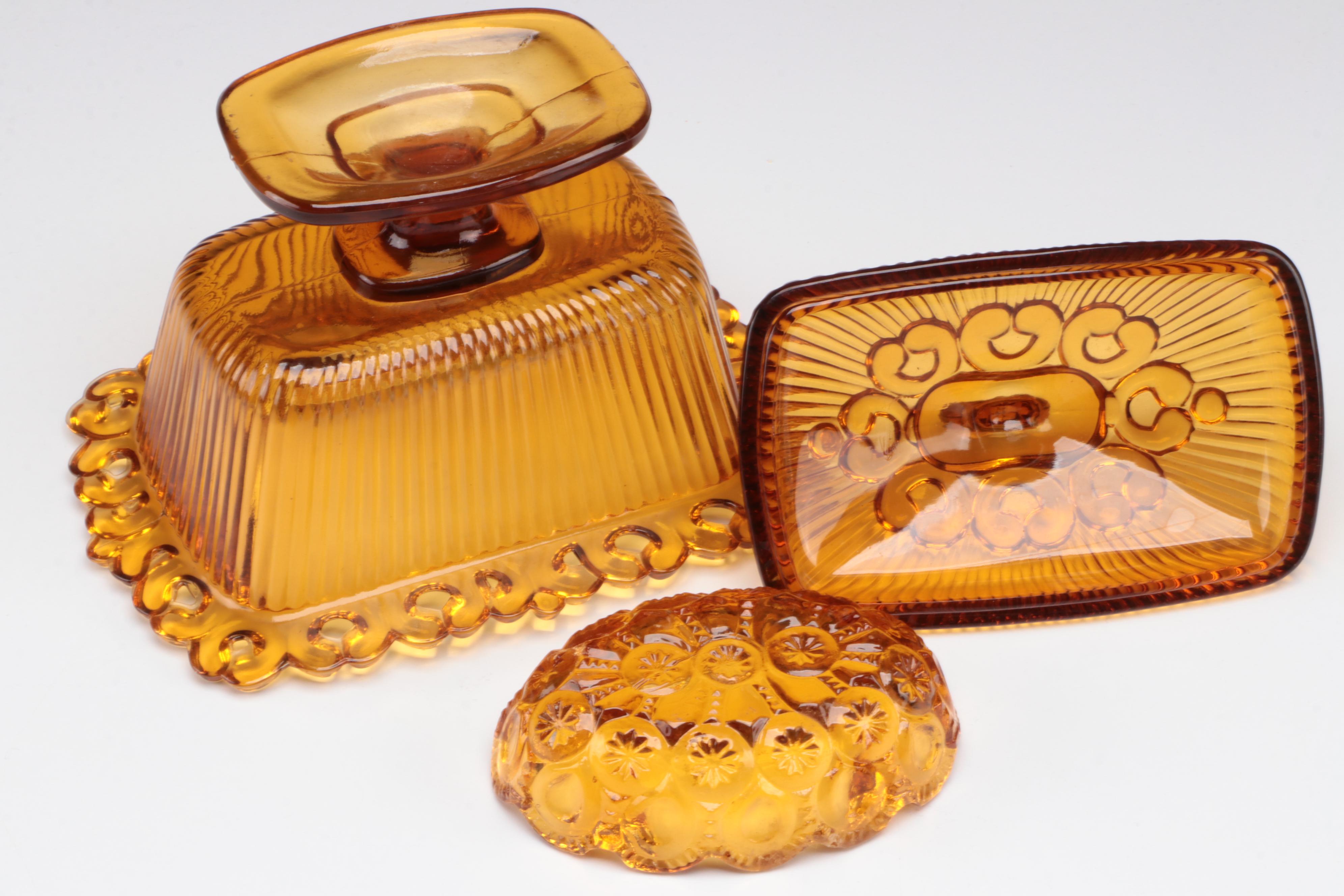 Fenton Amber Glass Ruffled Rim Compotes and Vase with Other Tableware