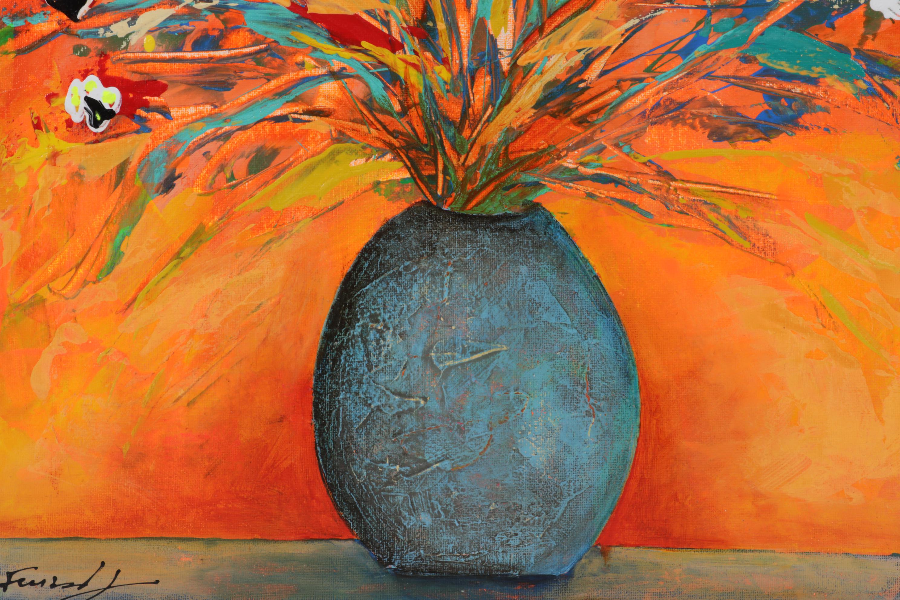 Farshad Lanjani Still Life Acrylic Painting of Flowers in Vase, 21st Century