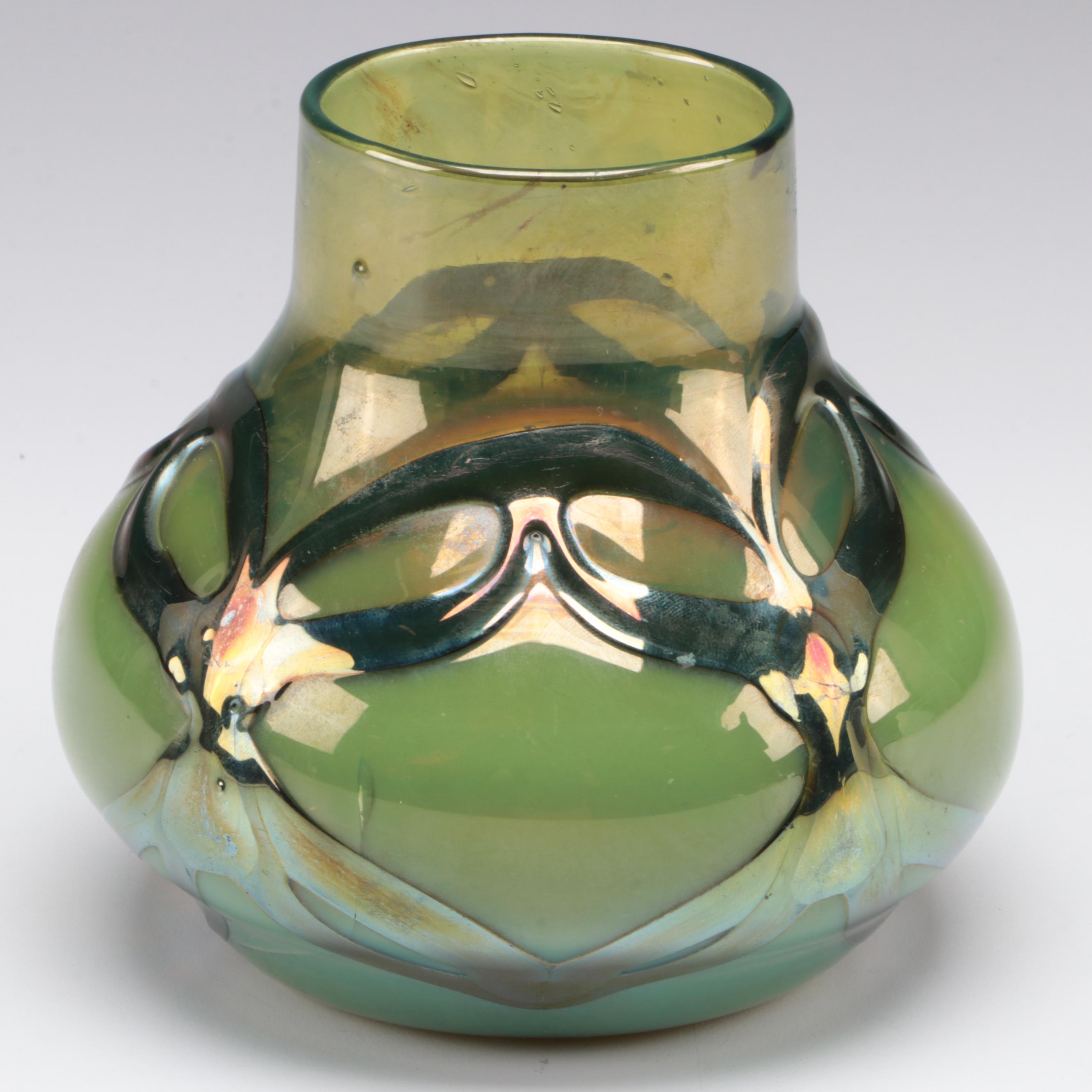 Art Nouveau Style Blown Metallic Glass Veined  Squat Vase