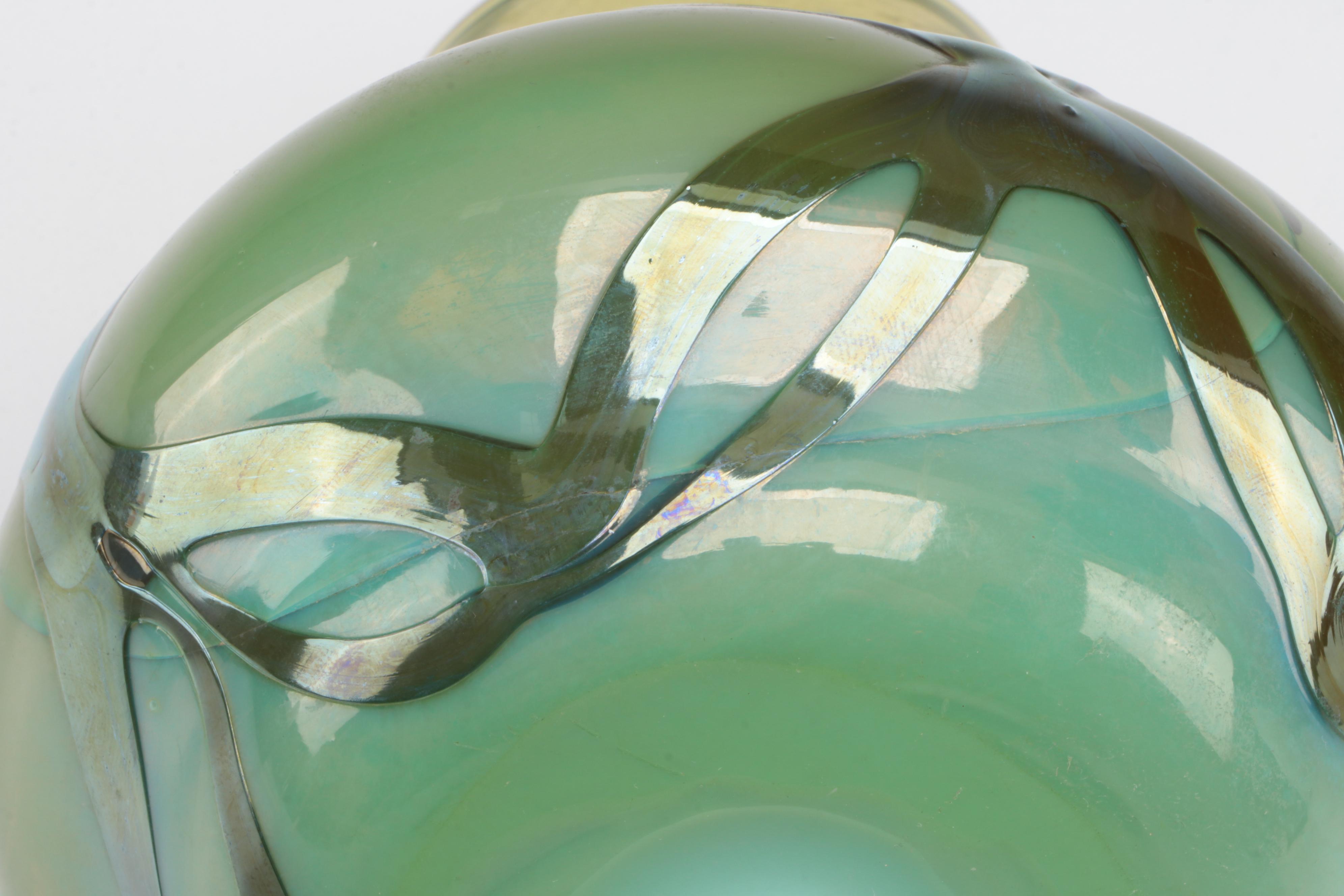 Art Nouveau Style Blown Metallic Glass Veined  Squat Vase