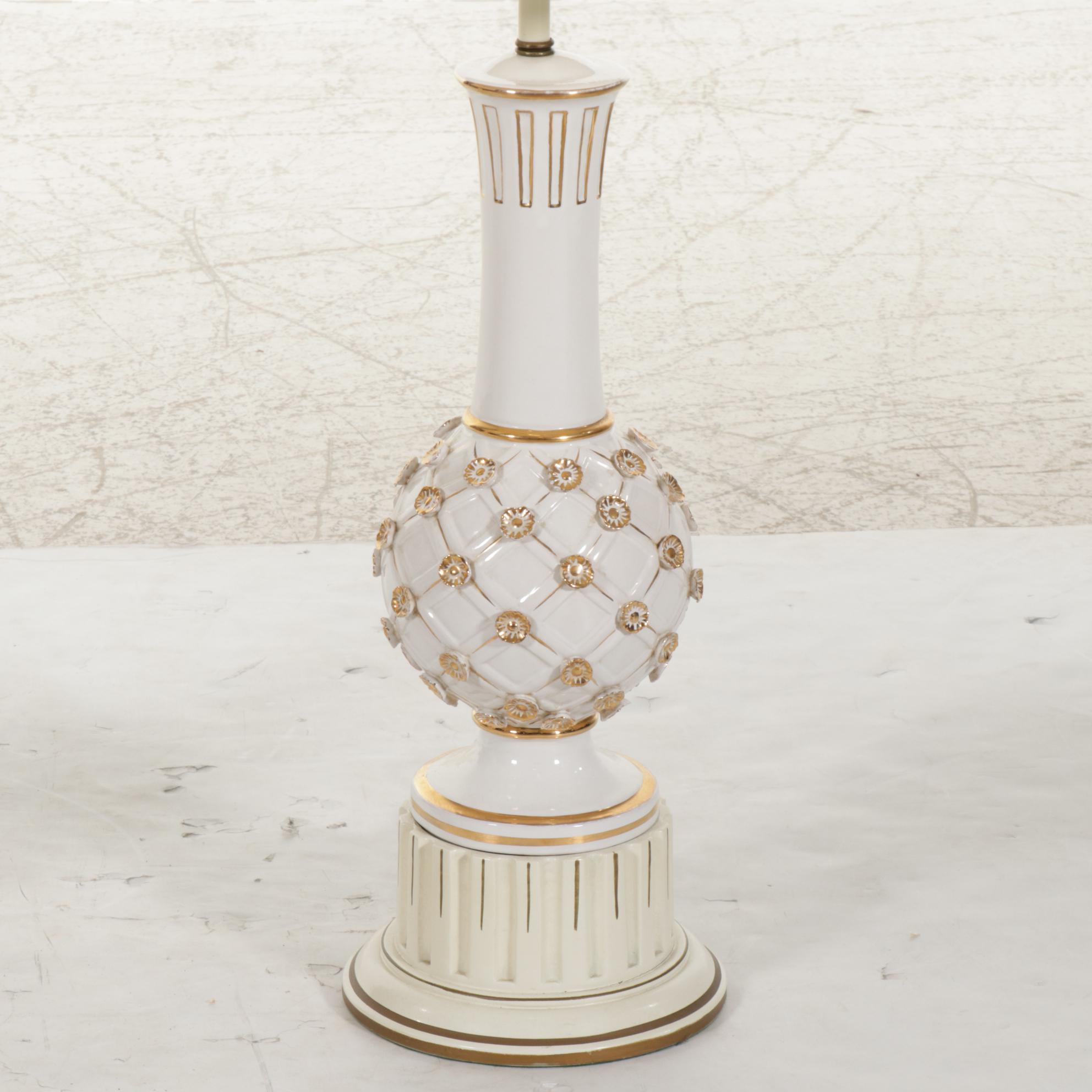 Italian Ceramic Gold and White Lattice and Flower Table Lamps, Custom Shades
