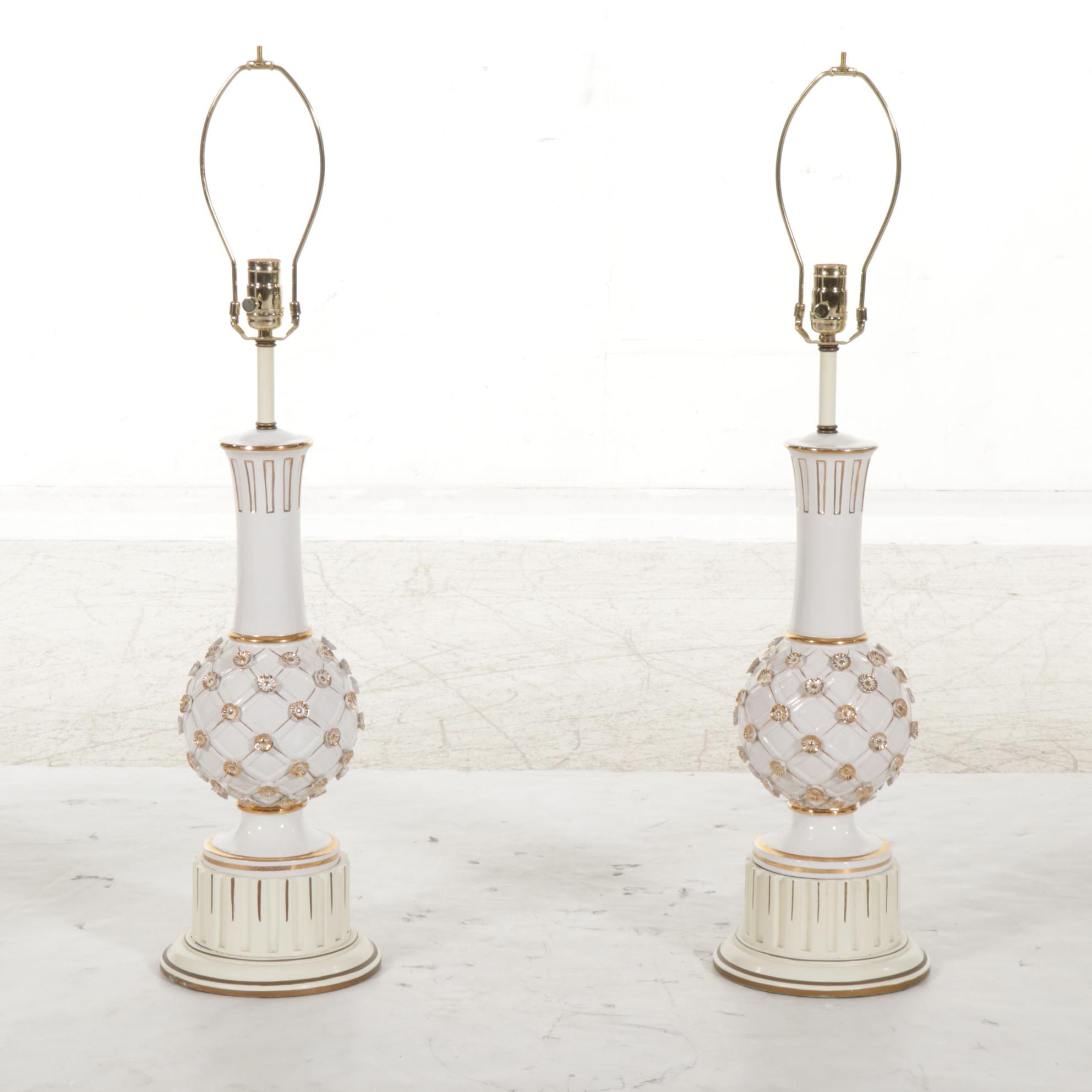 Italian Ceramic Gold and White Lattice and Flower Table Lamps, Custom Shades