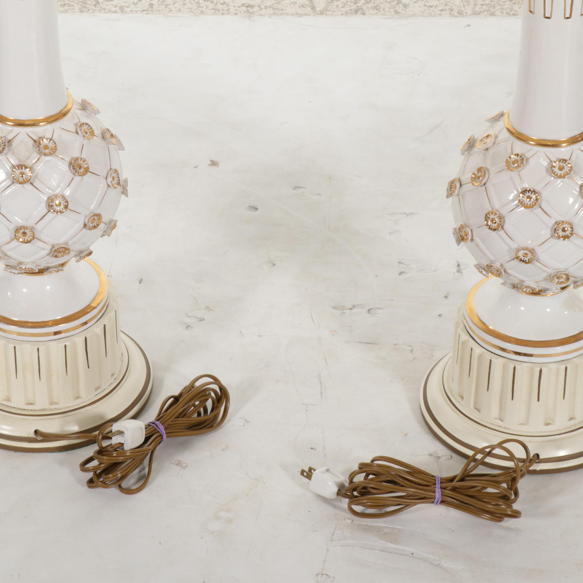Italian Ceramic Gold and White Lattice and Flower Table Lamps, Custom Shades