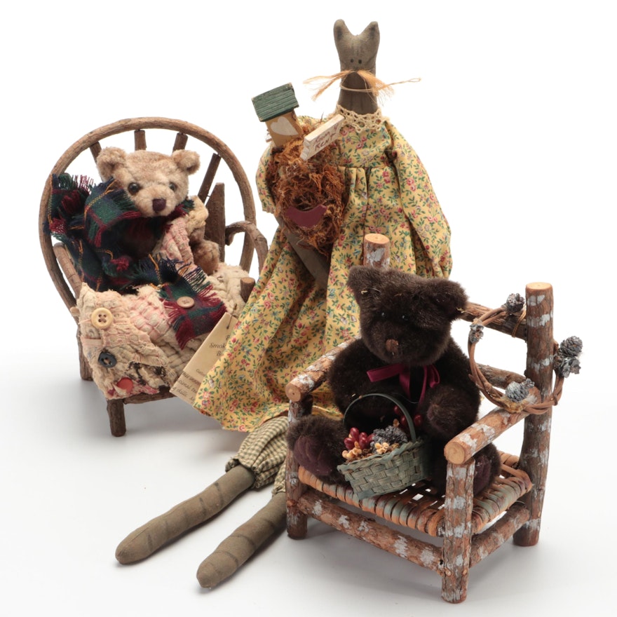 Betsy's Smoky Mountain Baked Bears in Branch Chairs with Plush Cat Doll