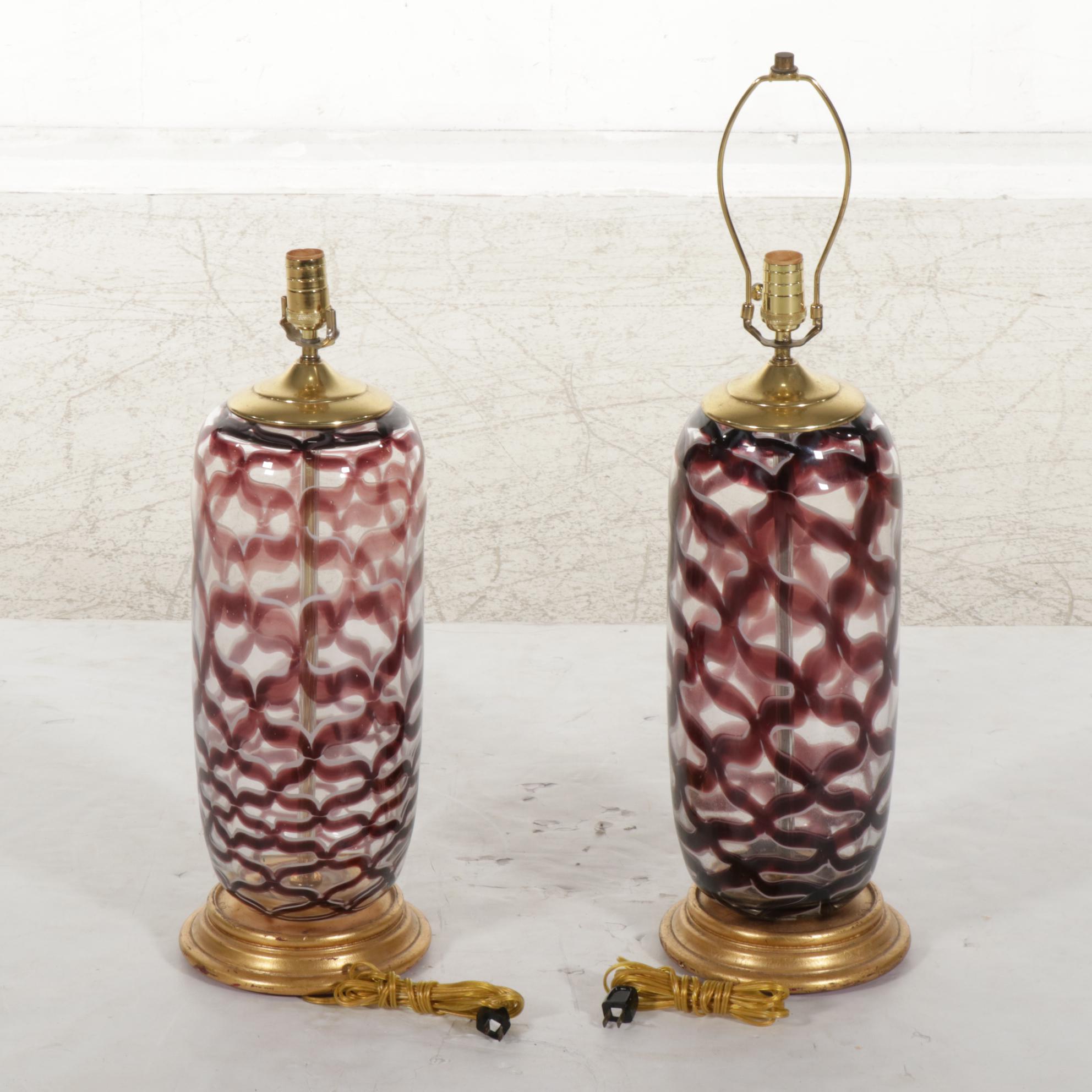 Ruby and Clear Art Glass Table Lamp Pair, Mid-20th Century