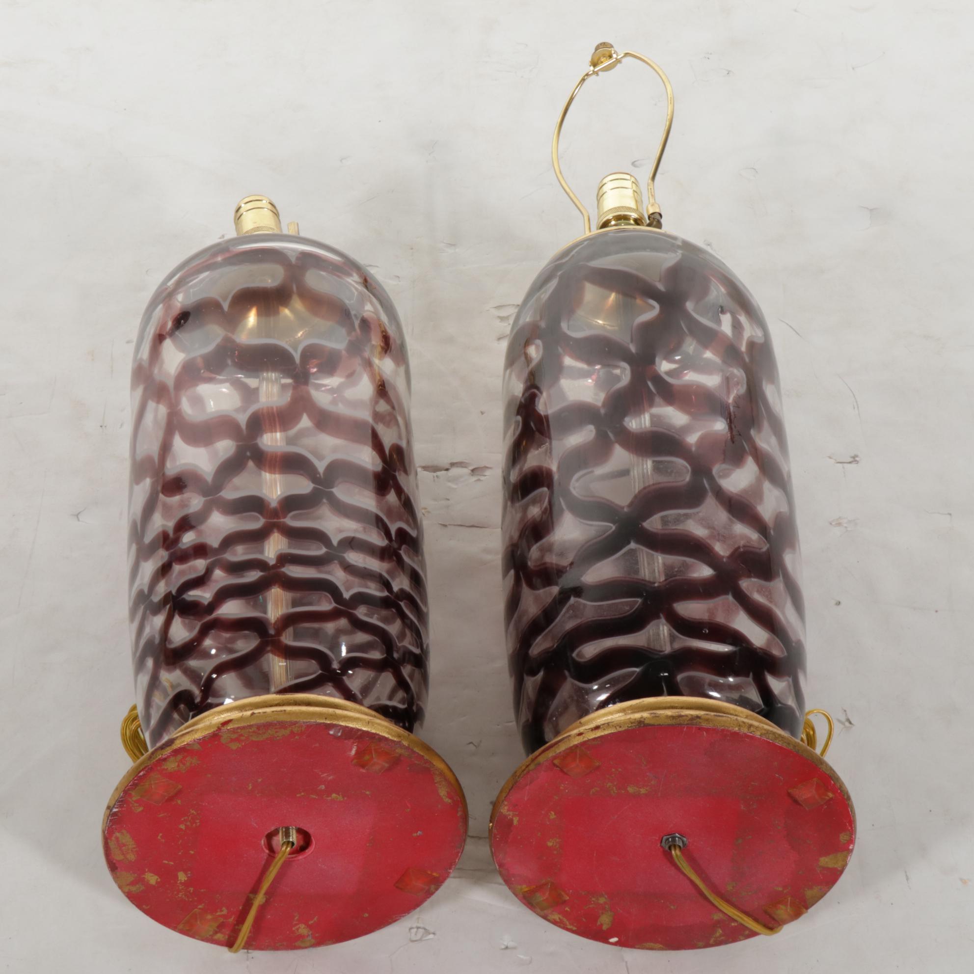 Ruby and Clear Art Glass Table Lamp Pair, Mid-20th Century