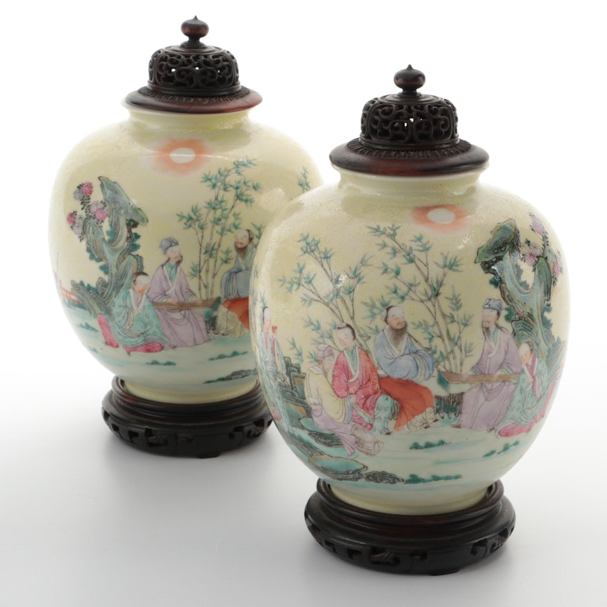 Matched Pair Chinese Porcelain Ginger Jars with Carved Wood Lids