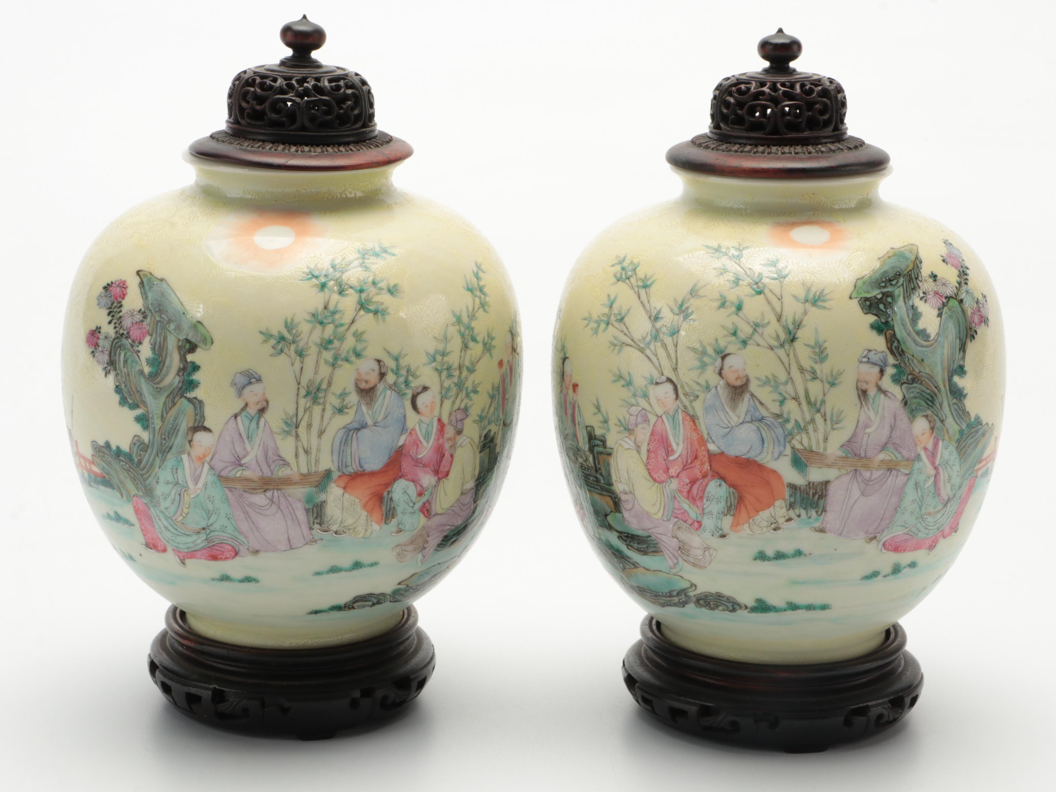 Matched Pair Chinese Porcelain Ginger Jars with Carved Wood Lids