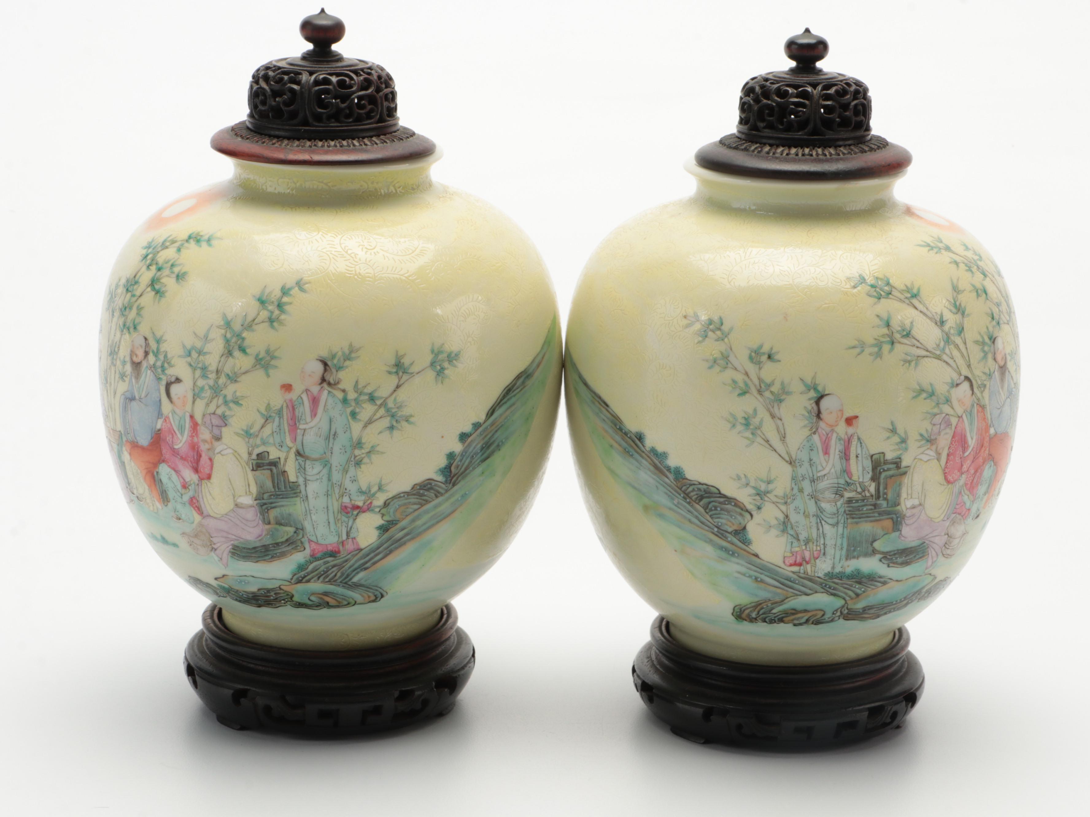 Matched Pair Chinese Porcelain Ginger Jars with Carved Wood Lids