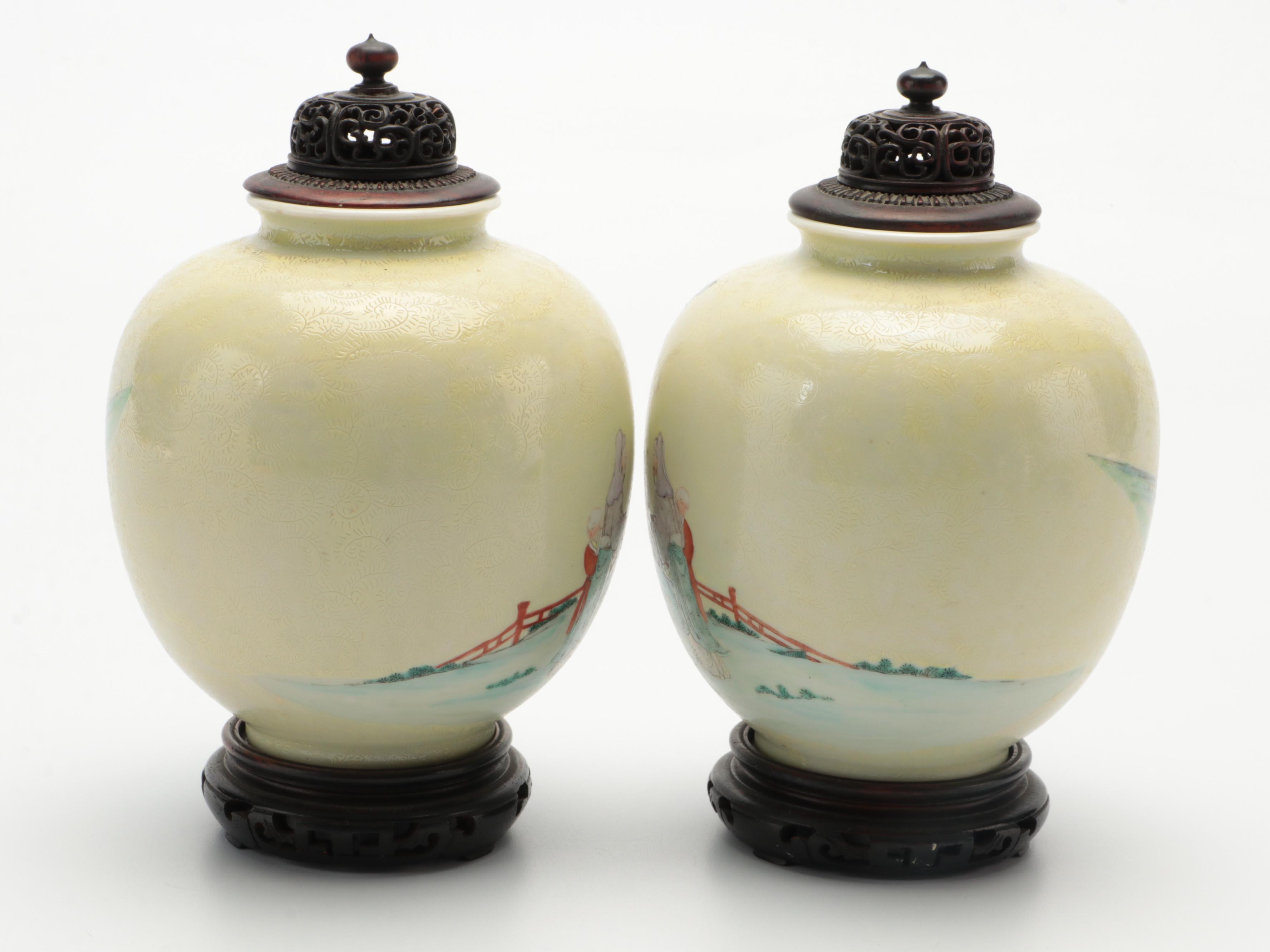 Matched Pair Chinese Porcelain Ginger Jars with Carved Wood Lids