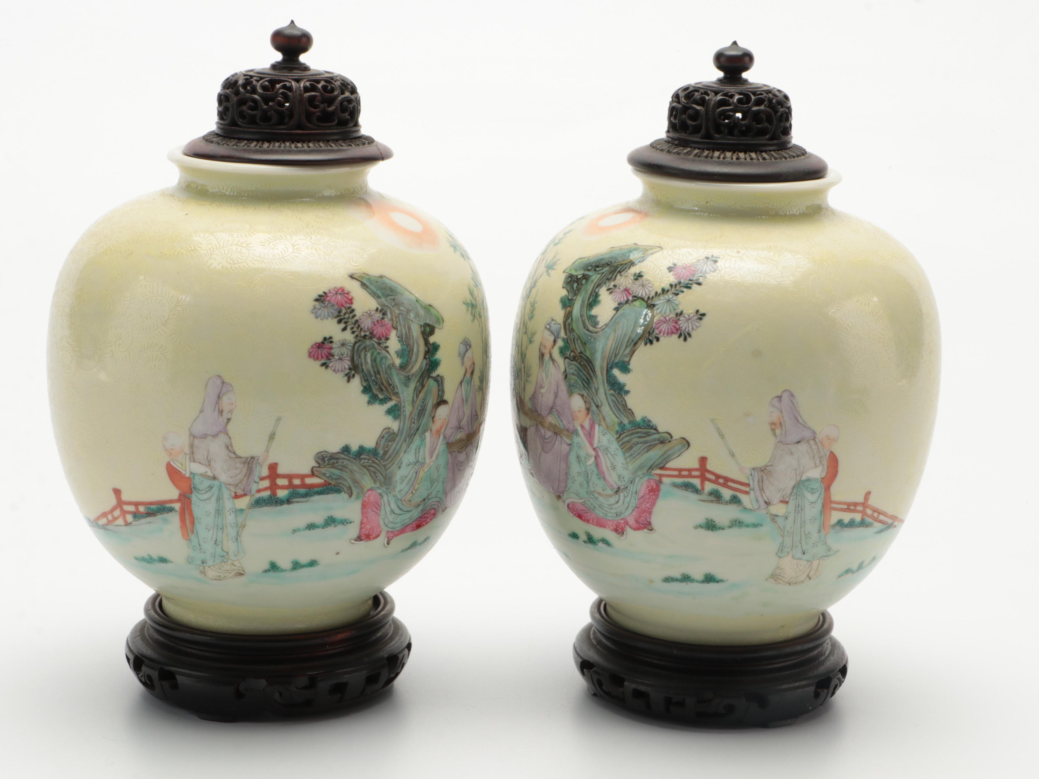 Matched Pair Chinese Porcelain Ginger Jars with Carved Wood Lids