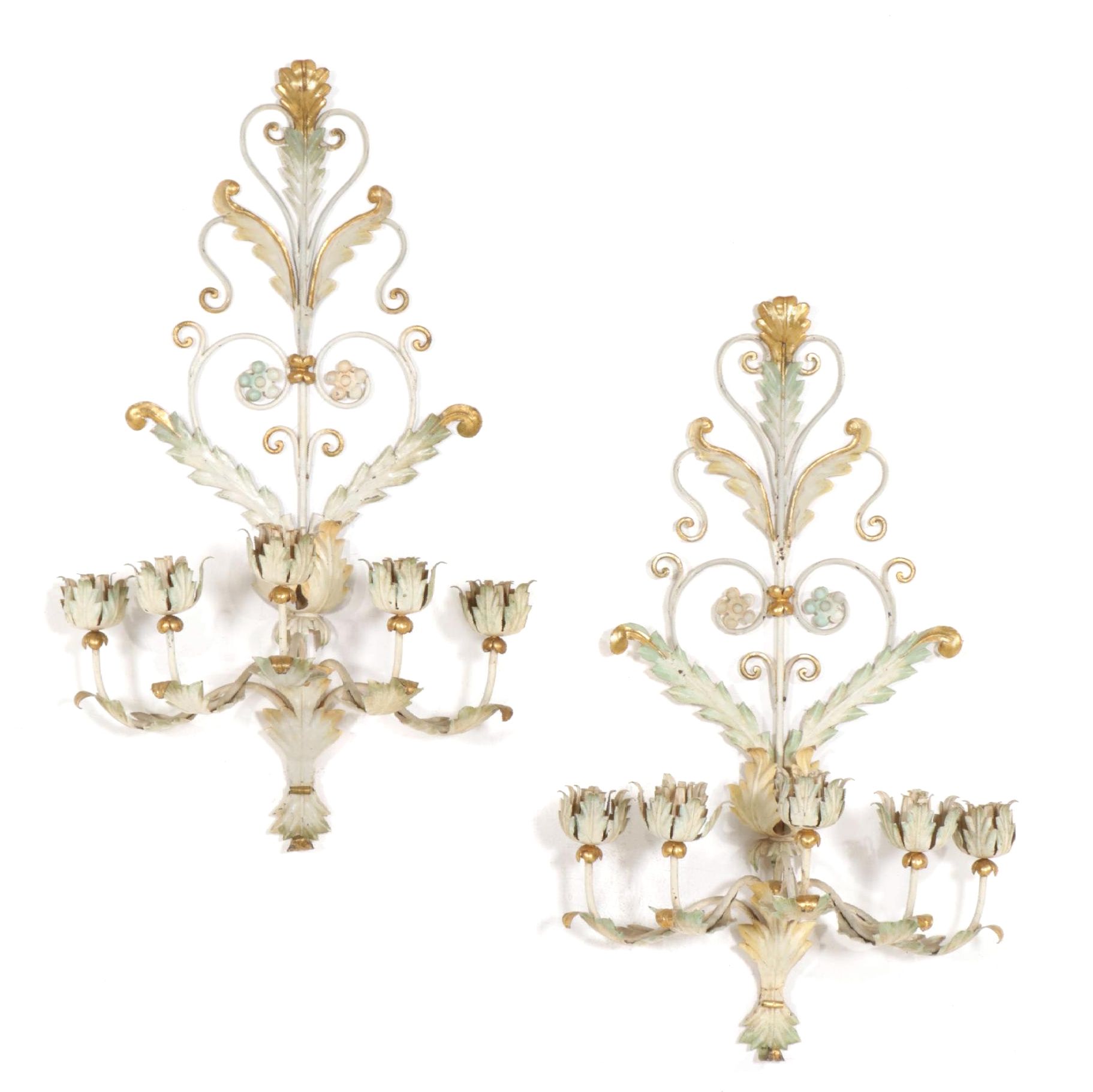 Italianate Style Parcel-Gilt Five-Arm Metal Candle Sconces, Late 20th Century