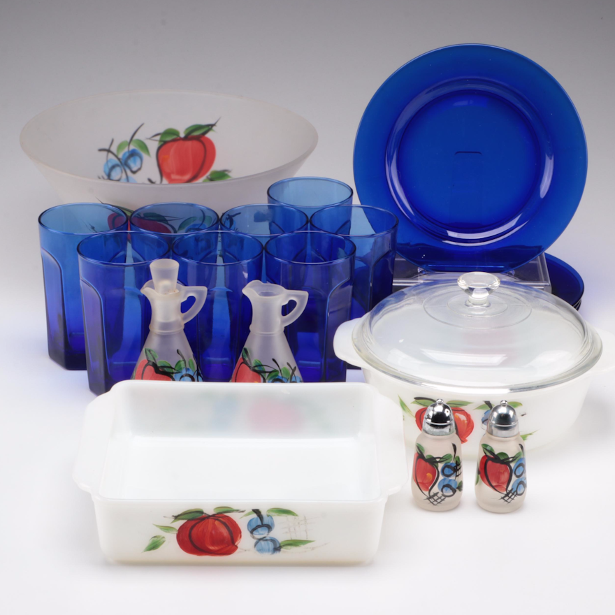 Anchor Hocking Fire-King "Fruit" Tableware with Cobalt Glass Dinnerware