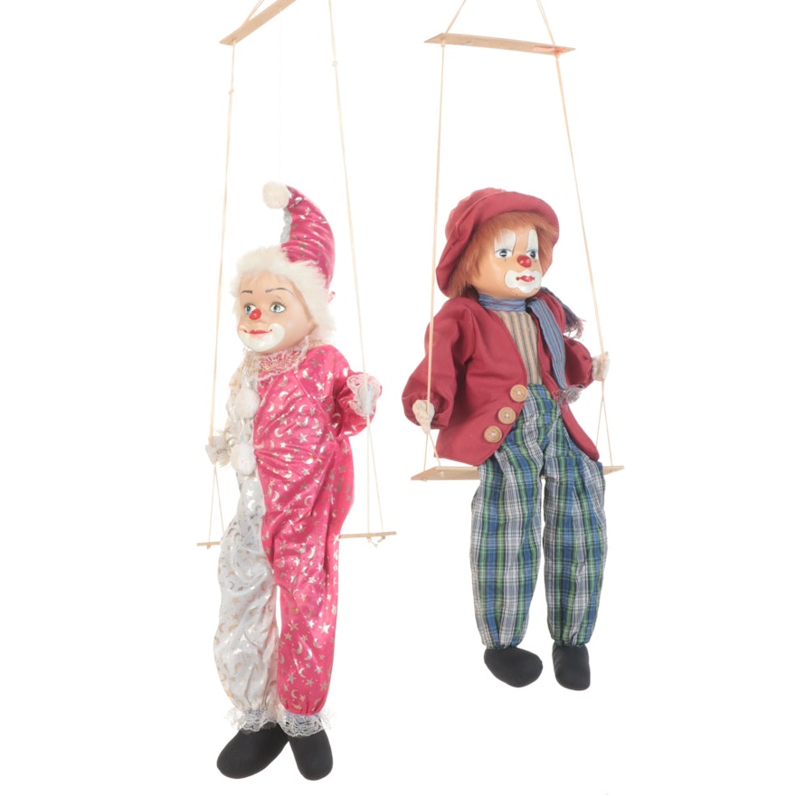 Hand-Painted Porcelain and Cloth Clown Dolls on Swings