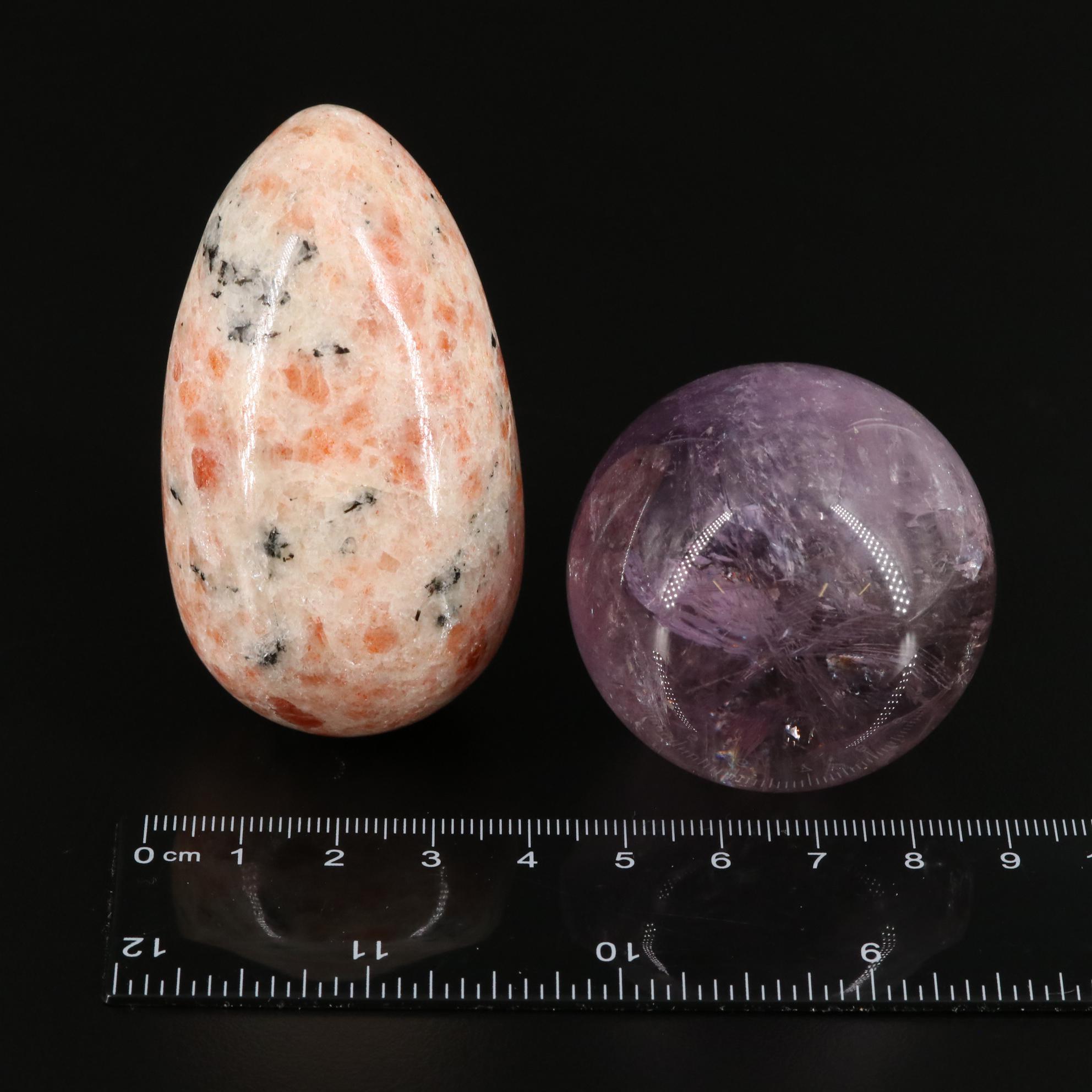 Sunstone with Black Tourmaline and Amethyst Orb Stones