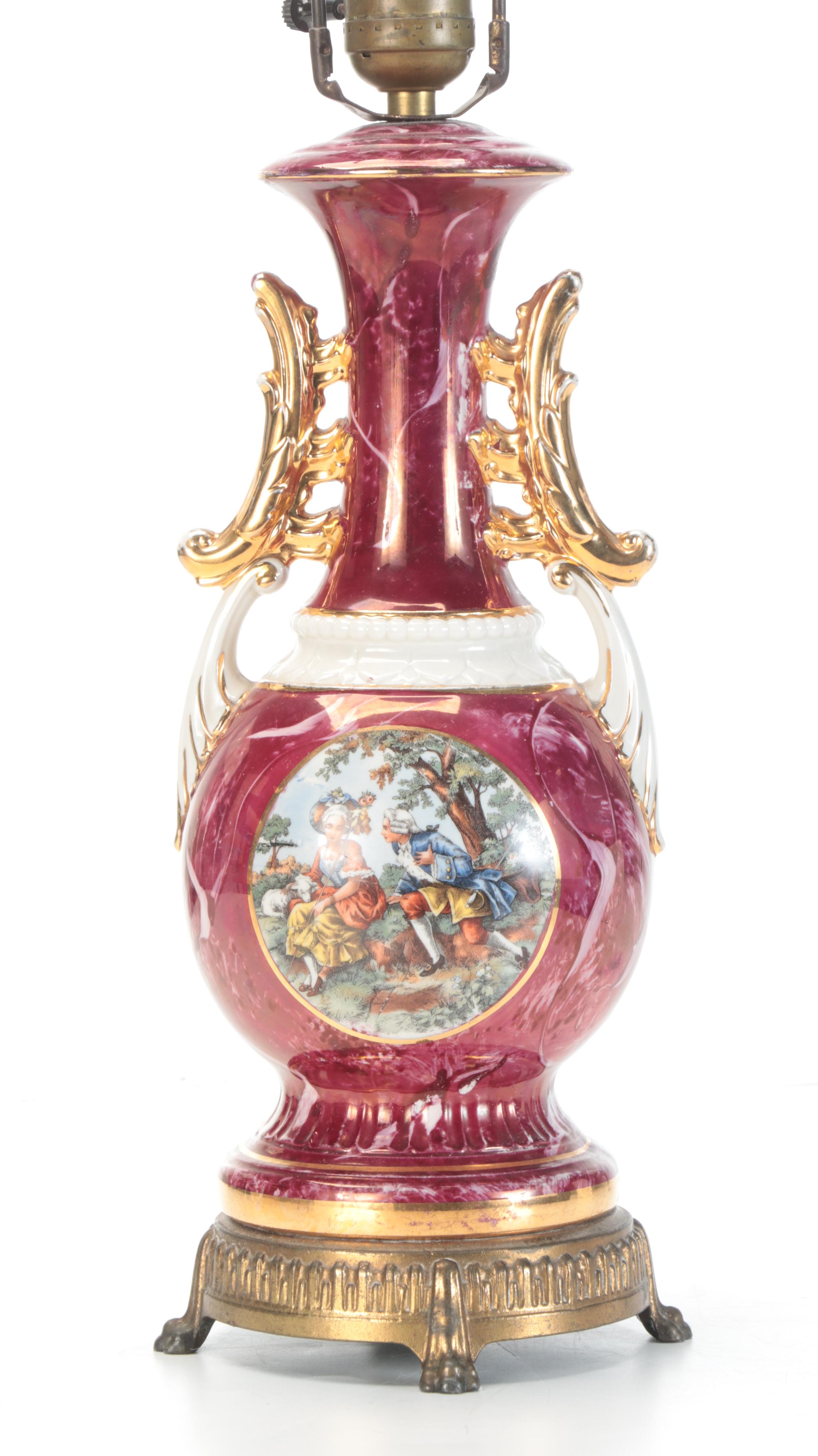 Chinese Woodblock Prints of Imperial Court with Ceramic Table Lamp and More